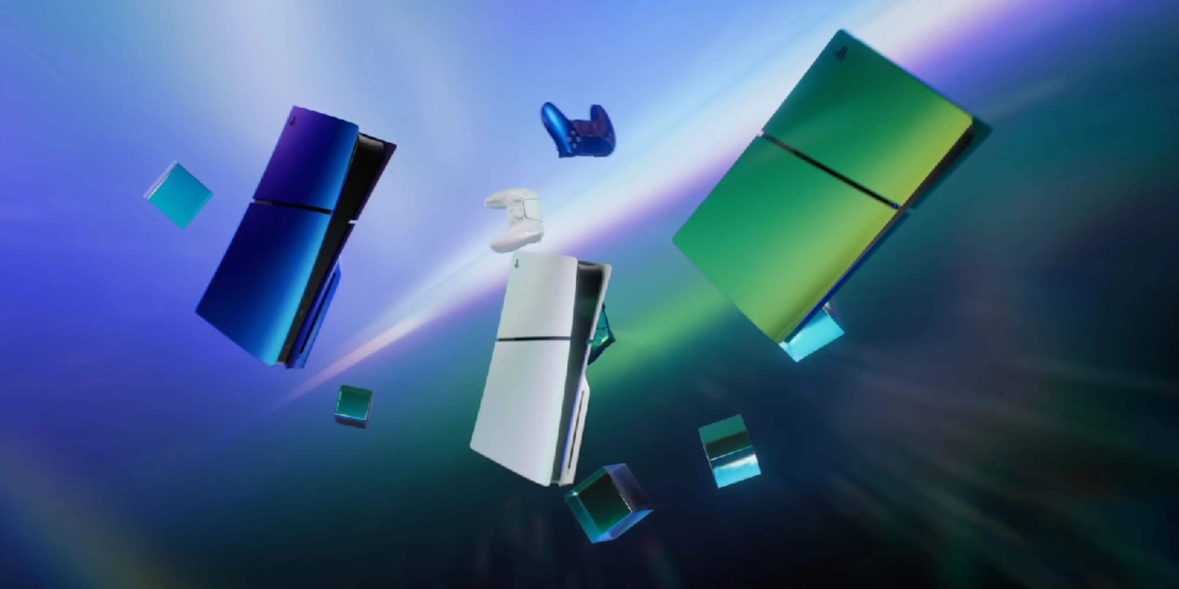 PlayStation 5 xanh bạc với các khối hình lập phương tượng trưng cho thế hệ game mới