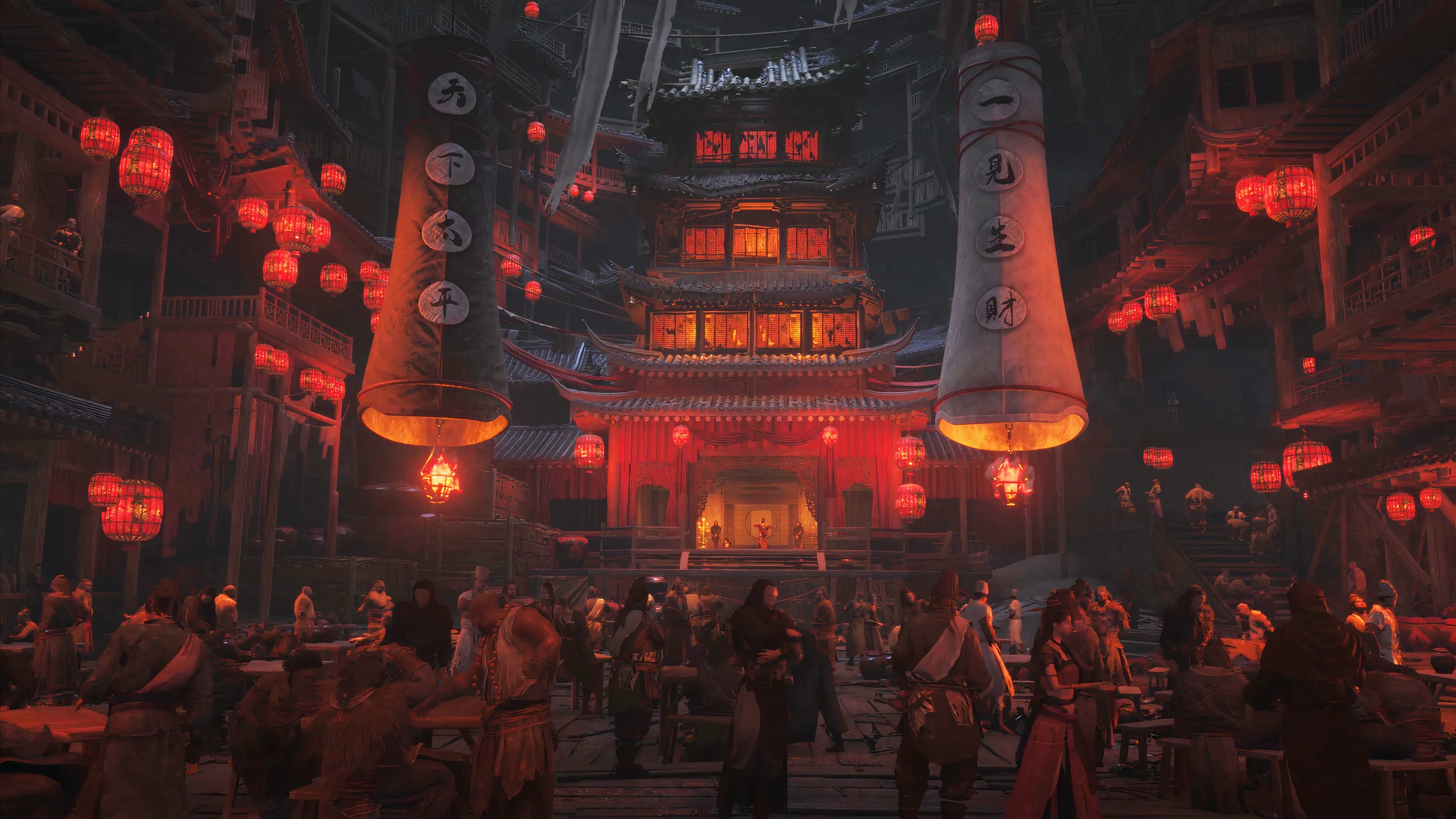 Quang cảnh khu chợ trong nhà nhộn nhịp với sắc đỏ đặc trưng trong game Where Winds Meet, thể hiện không khí võ hiệp cổ trang.