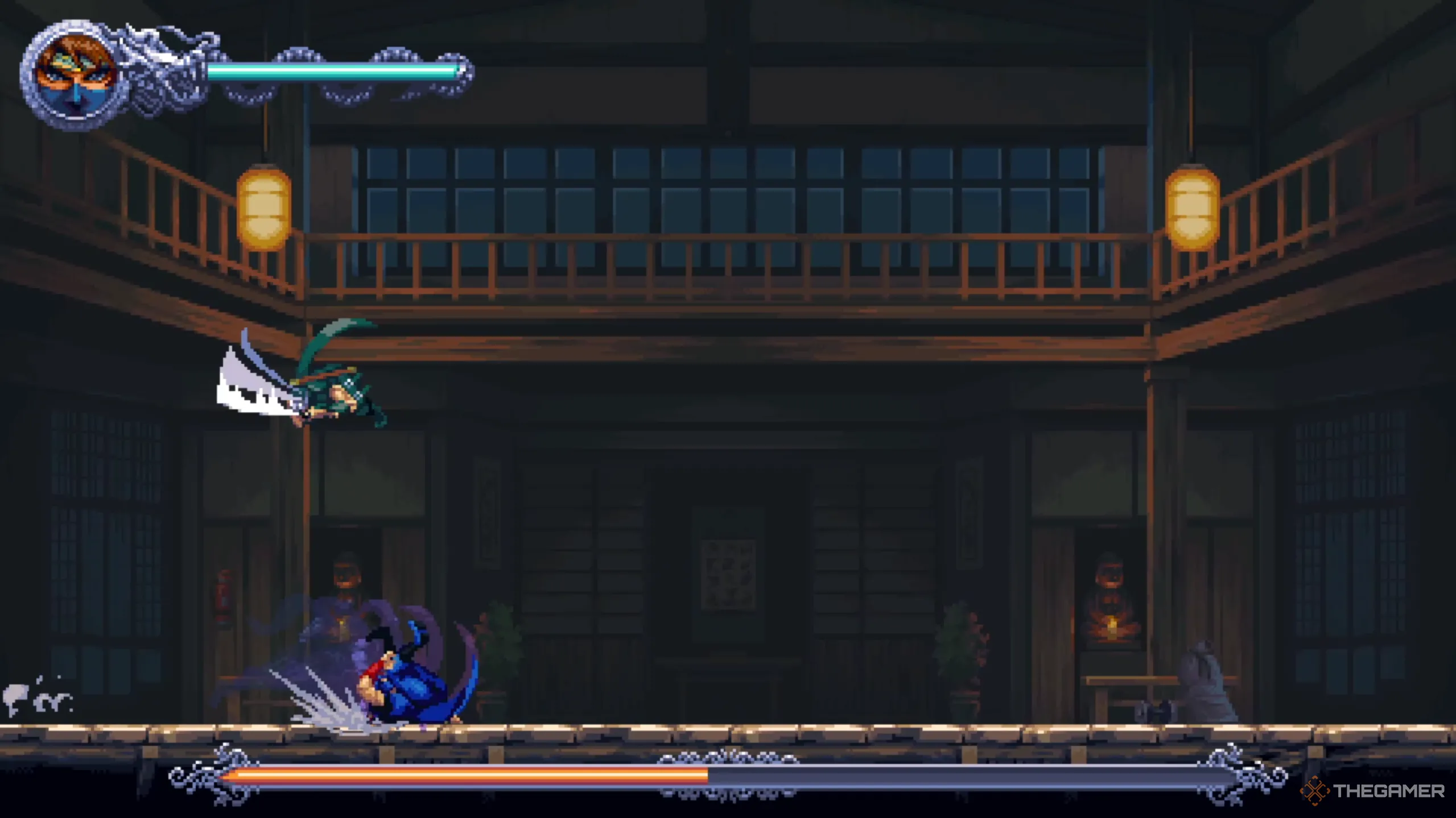 Ryu chém kiếm xuống từ trên không trong trận đấu ở Ninja Gaiden: Ragebound