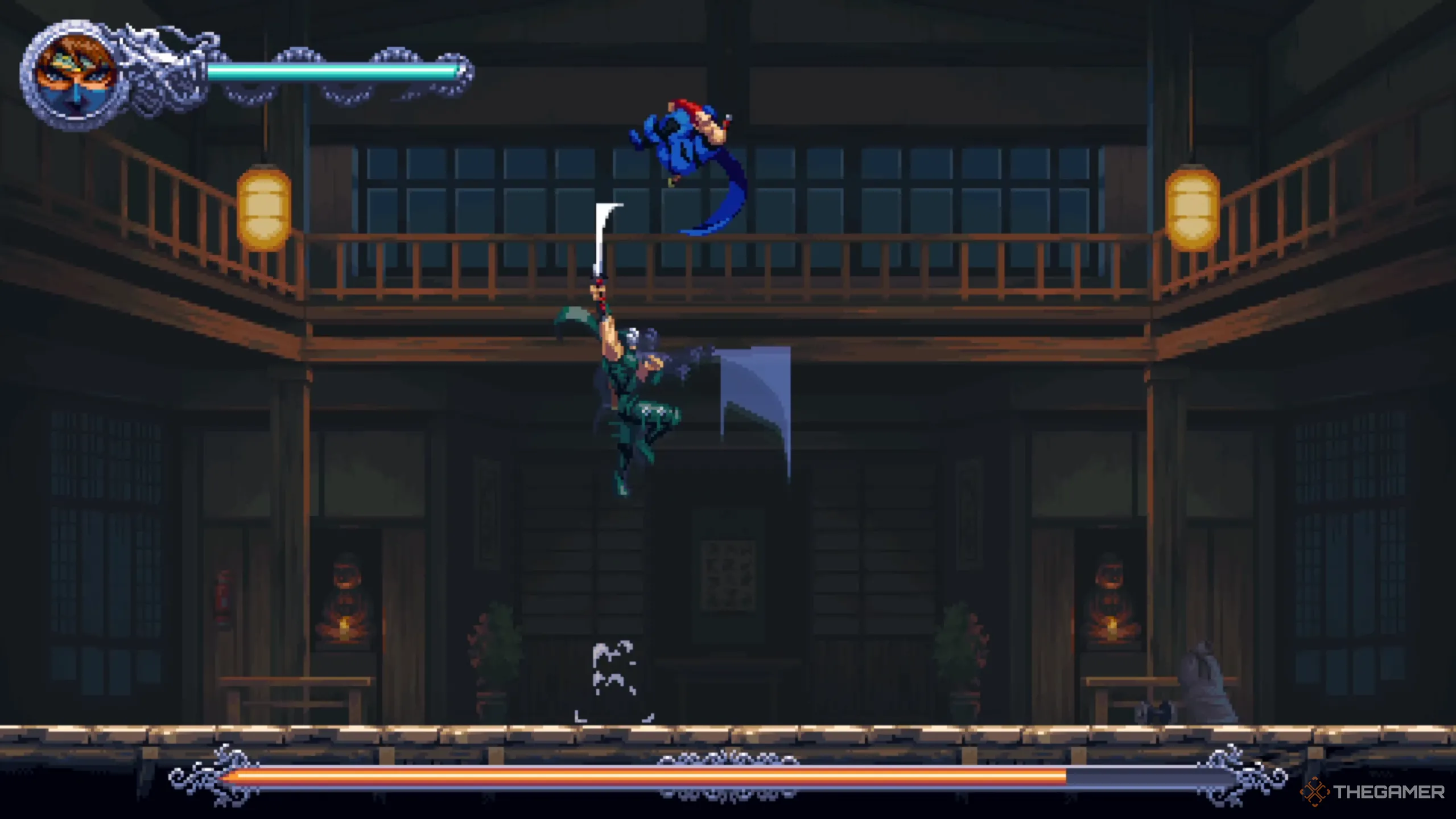 Ryu tung chiêu uppercut kiếm vào Kenji trong trận đấu ở Ninja Gaiden: Ragebound