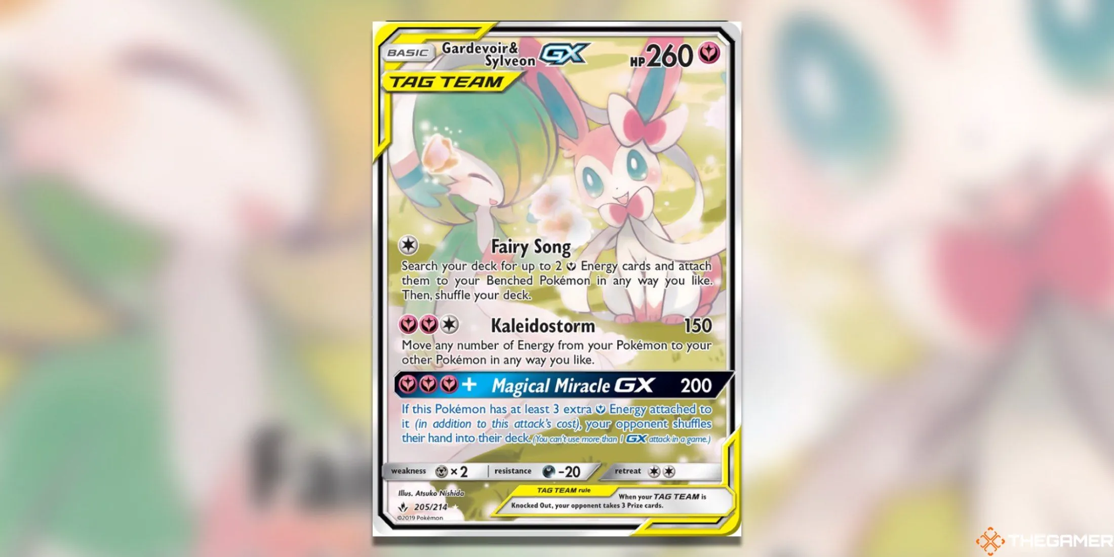 Thẻ bài Gardevoir &amp; Sylveon GX Alternate Full Art từ bộ Unbroken Bonds trong Pokemon TCG, thể hiện sự kết hợp sức mạnh của hai Pokemon hệ Tiên.