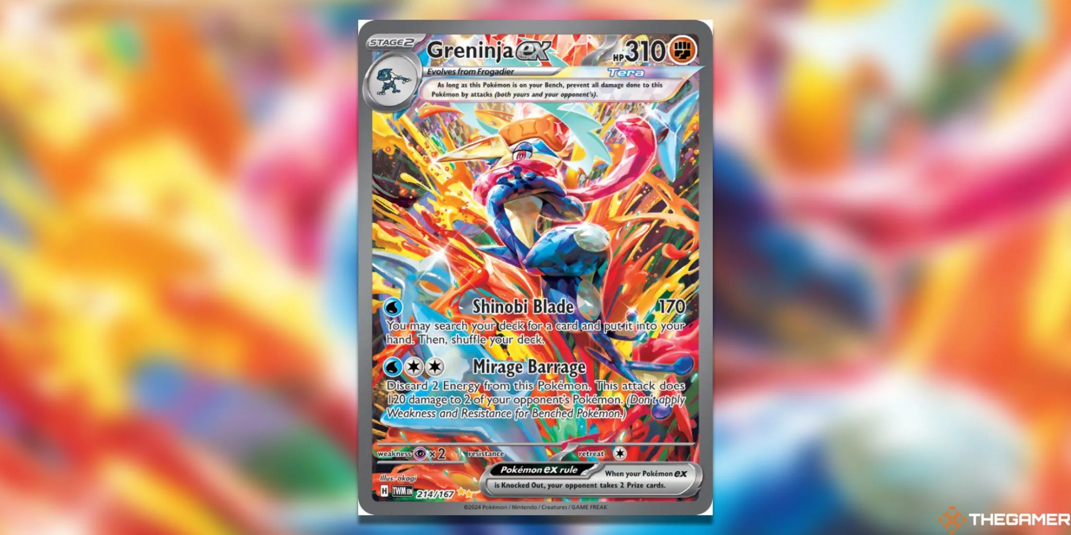 Thẻ bài Greninja ex Special Illustration Rare từ bộ Twilight Masquerade trong Pokemon TCG, với artwork độc đáo và màu sắc rực rỡ.