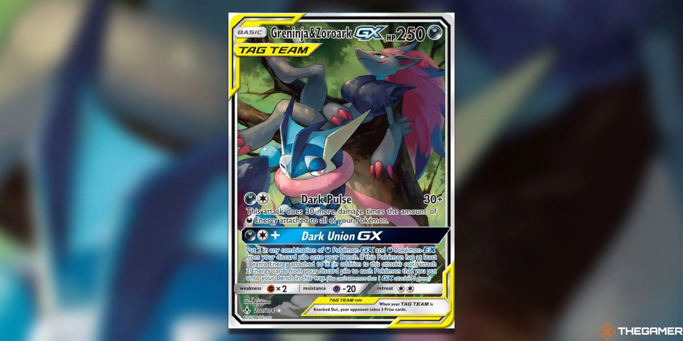 Thẻ bài Greninja &amp; Zoroark GX Alternate Full Art từ bộ Unbroken Bonds trong Pokemon TCG, mô tả sự hợp tác mạnh mẽ của hai Pokemon ninja.