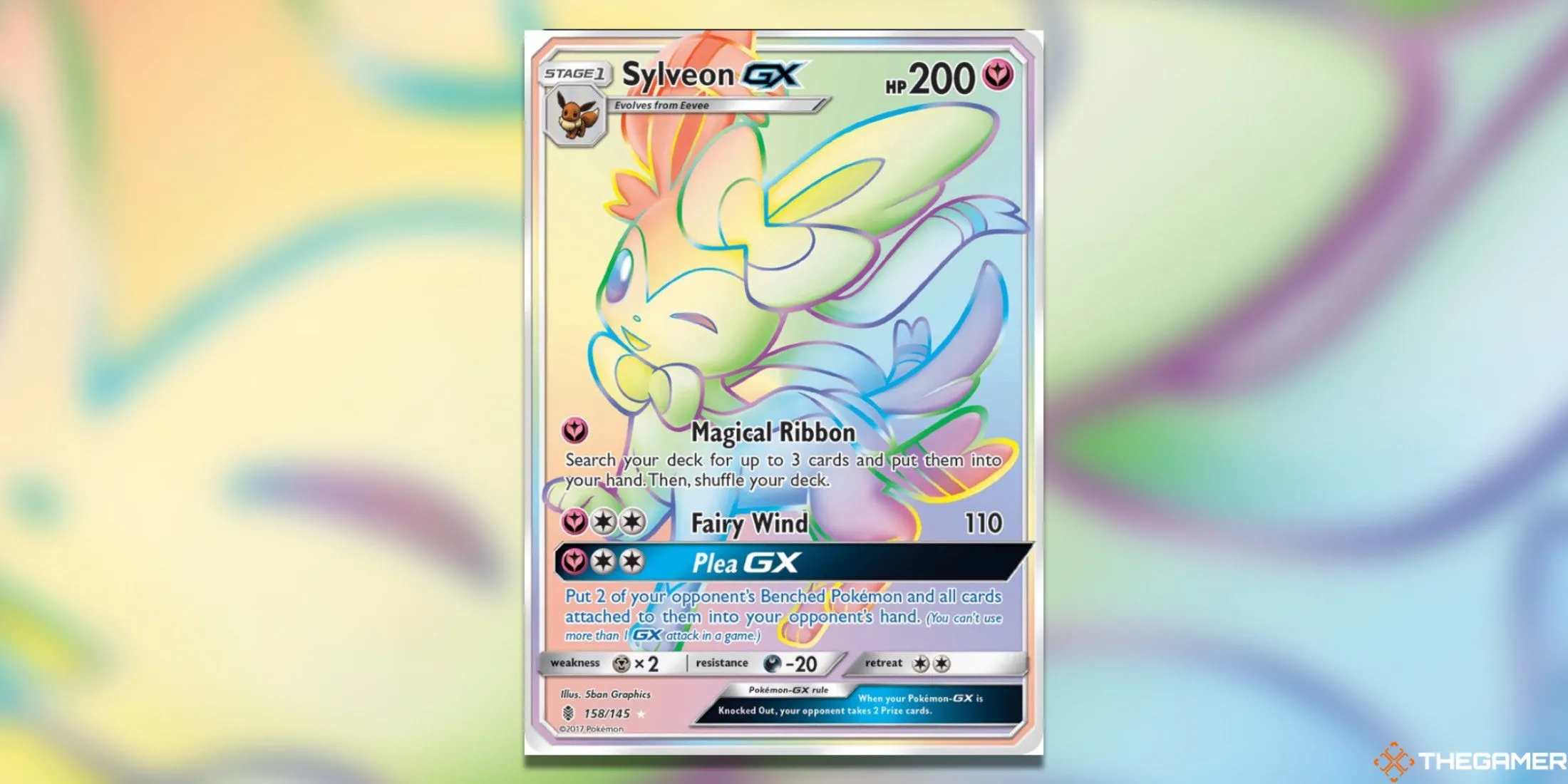 Thẻ bài Sylveon GX Secret Rare từ bộ Guardians Rising trong Pokemon TCG, một Eeveelution hệ Tiên đáng giá.