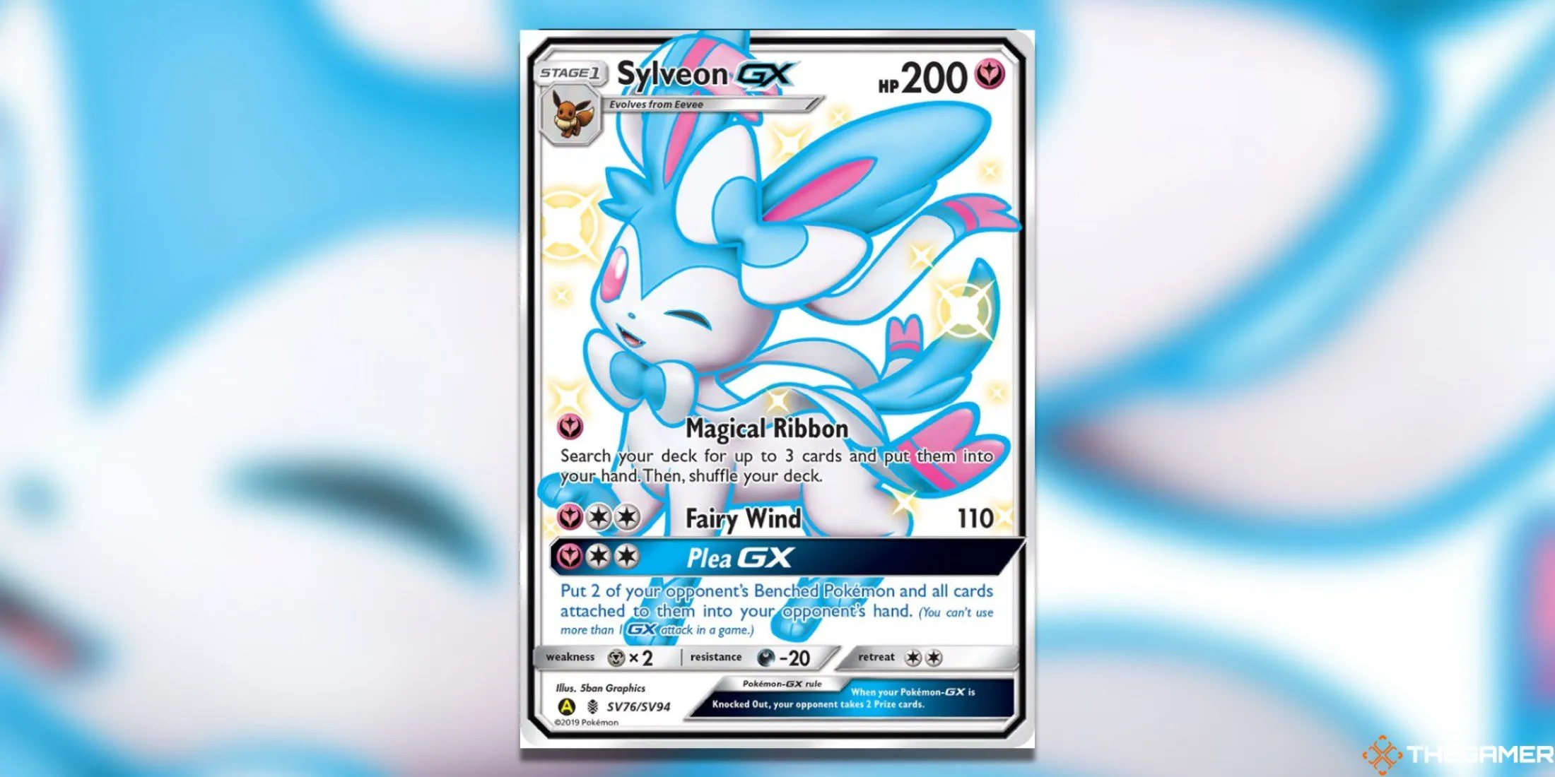 Thẻ bài Sylveon GX Shiny Holo Rare từ bộ Hidden Fates Shiny Vault trong Pokemon TCG, nổi bật với màu sắc &quot;kẹo bông&quot; độc đáo.