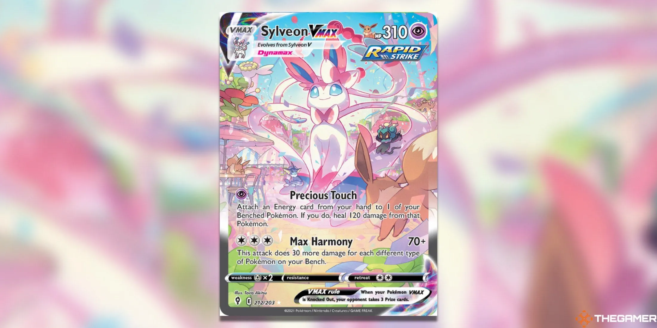 Thẻ bài Sylveon VMAX Alternate Art Secret từ bộ Evolving Skies trong Pokemon TCG, thể hiện Sylveon bay lượn giữa bầu trời đầy màu sắc.