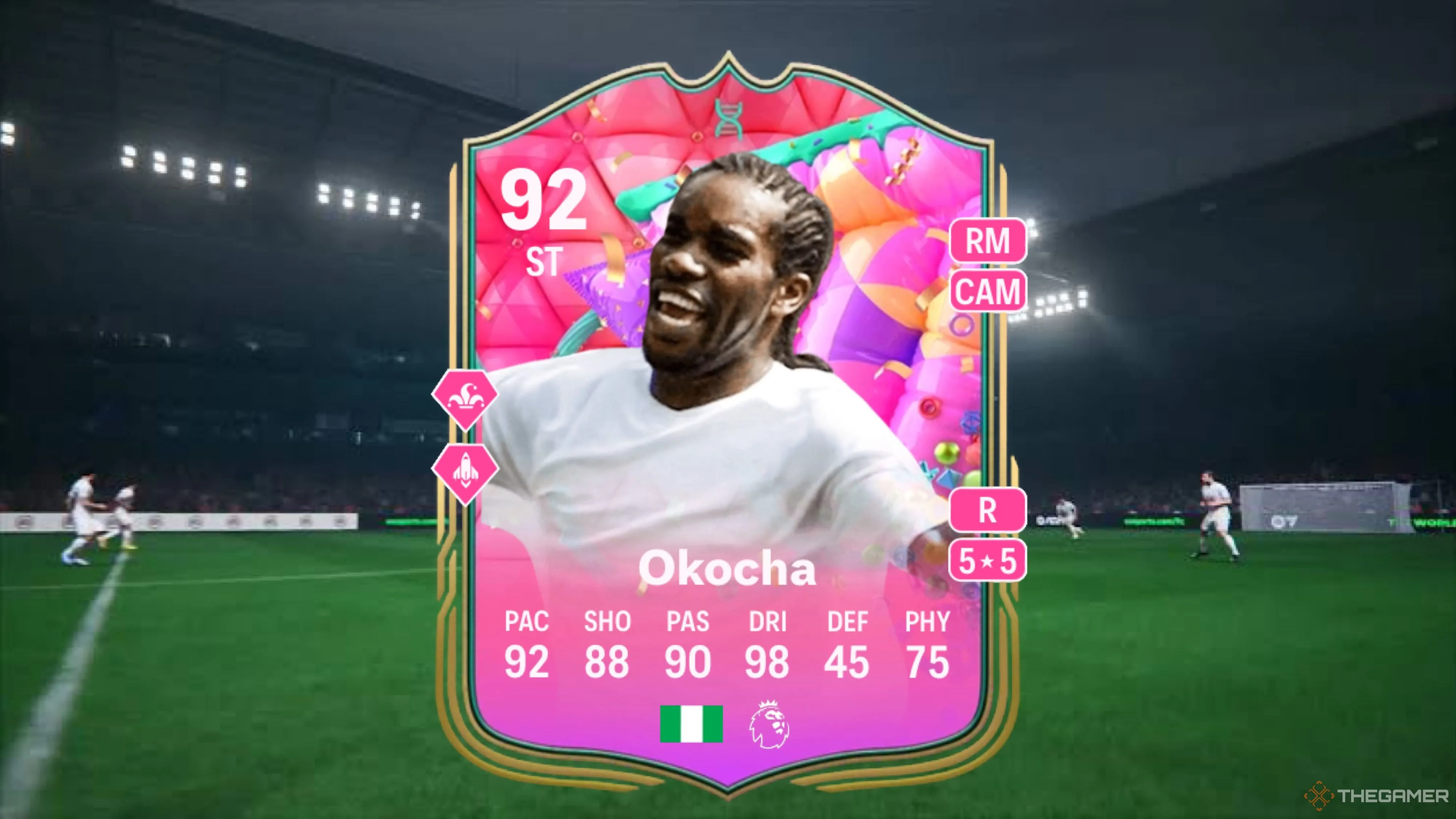 Thẻ Icon của huyền thoại Jay-Jay Okocha với hình ảnh và chỉ số, biểu tượng cho việc đưa các cựu danh thủ vào Career Mode EA FC 26