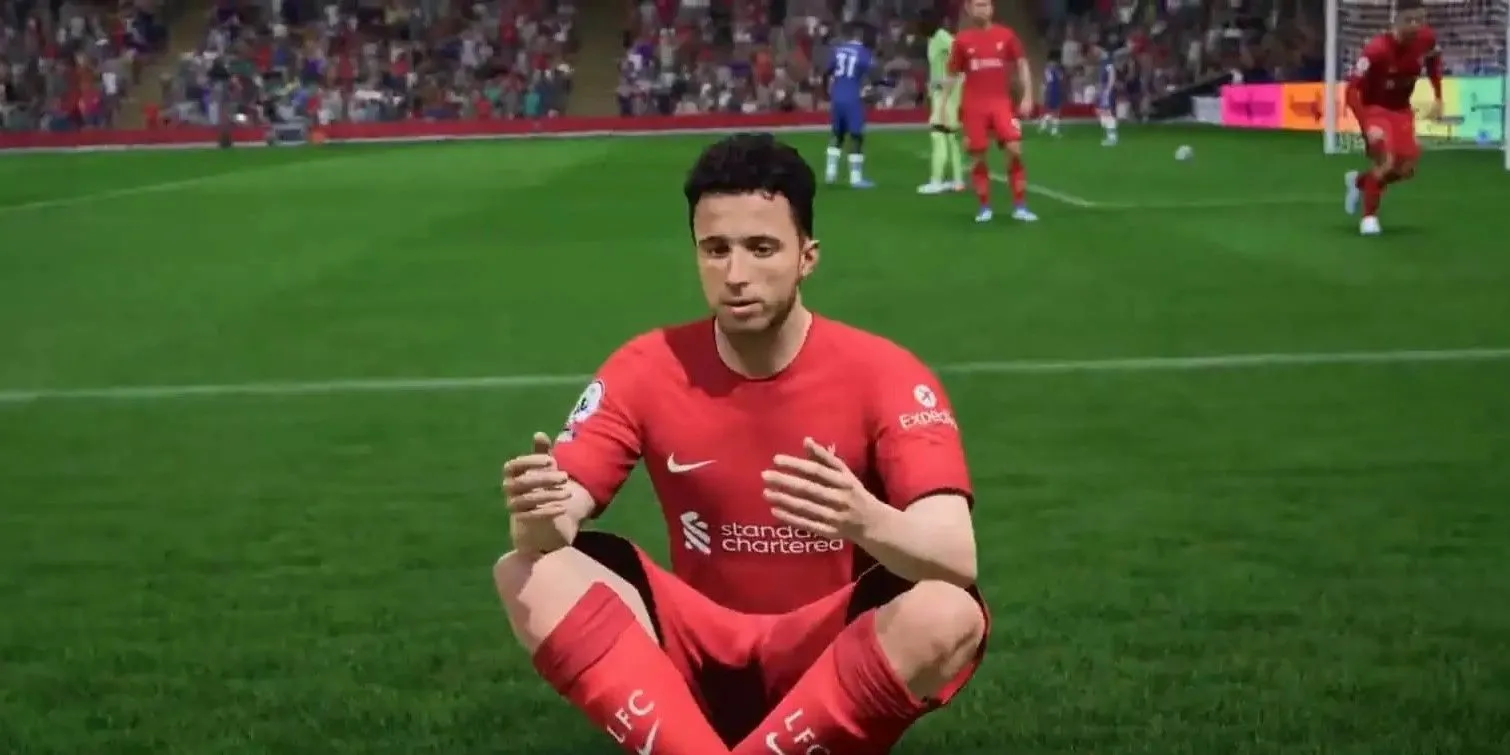Tiền đạo Diogo Jota của Liverpool ăn mừng bàn thắng theo phong cách game thủ FIFA 23, thể hiện niềm đam mê với trò chơi
