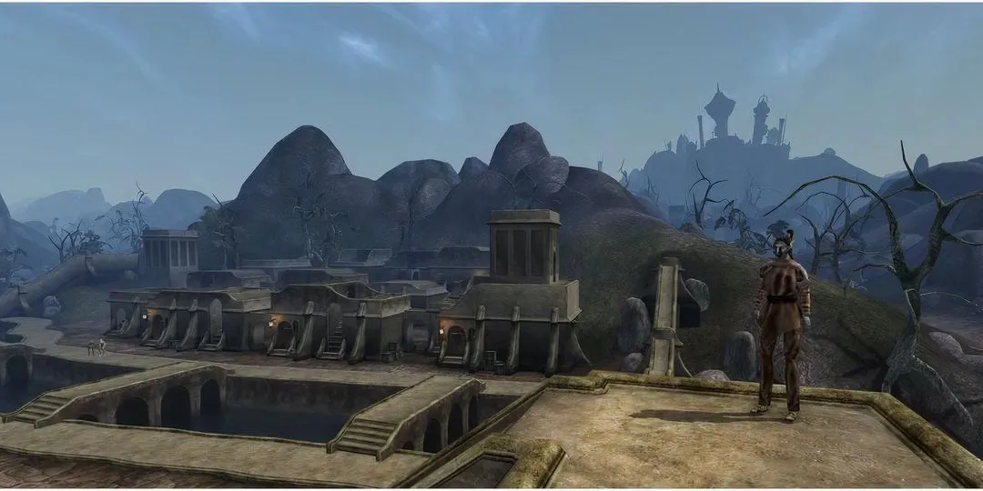 Tiên tộc tối đang ngồi trên mái nhà ở Balmora trong Morrowind.