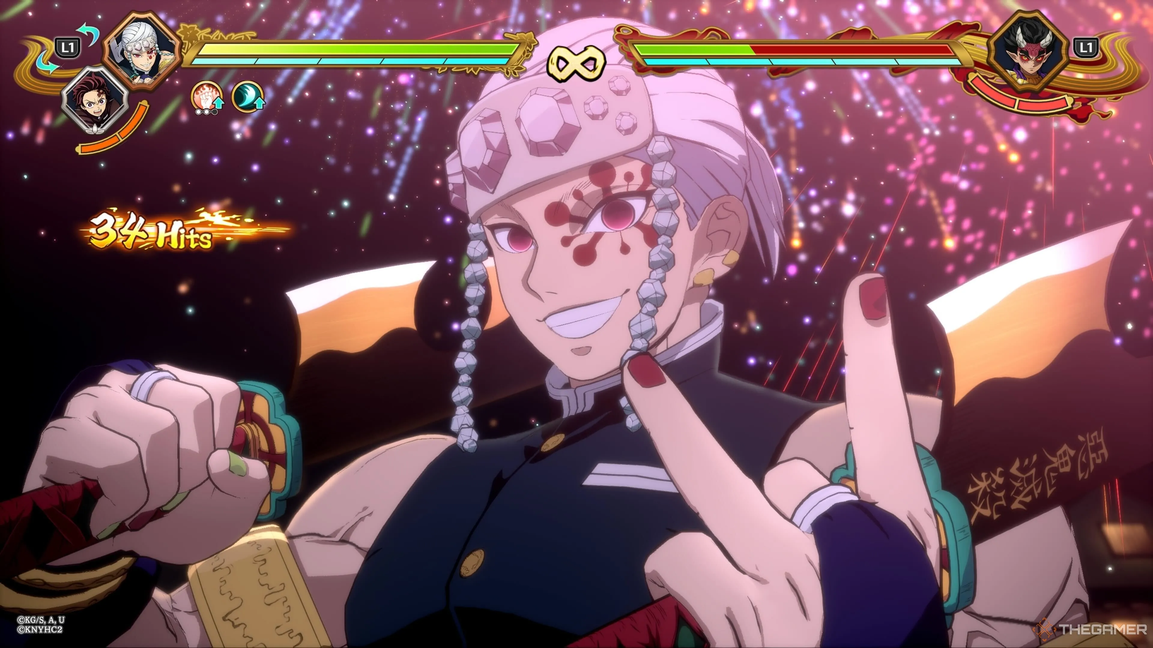 Trụ Cột Âm Thanh Uzui Tengen phô diễn kỹ năng chiến đấu đỉnh cao trong Demon Slayer Hinokami Chronicles 2.