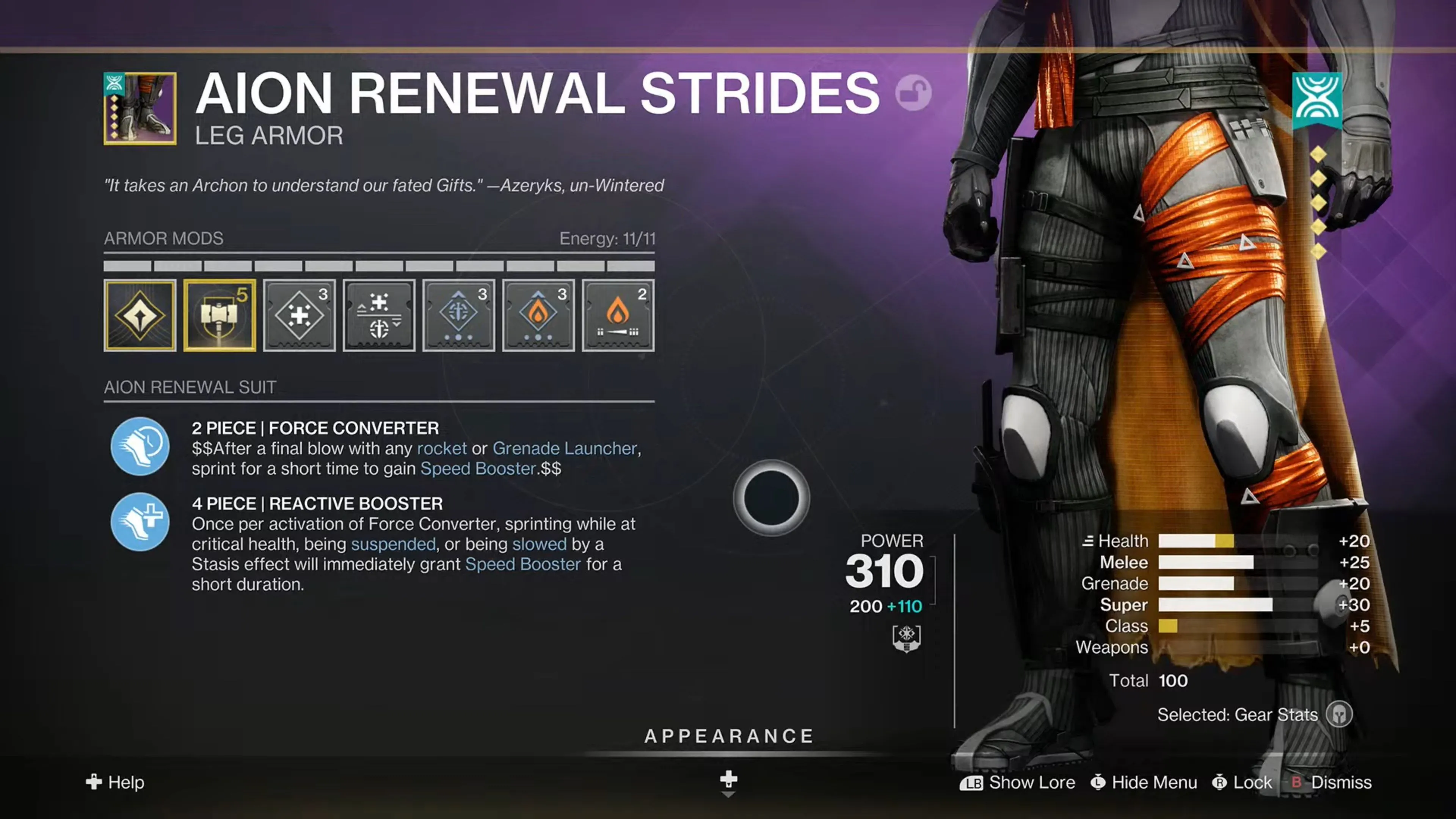 Ví dụ về giáp chân cấp độ T5 trong Destiny 2 Armor 3.0