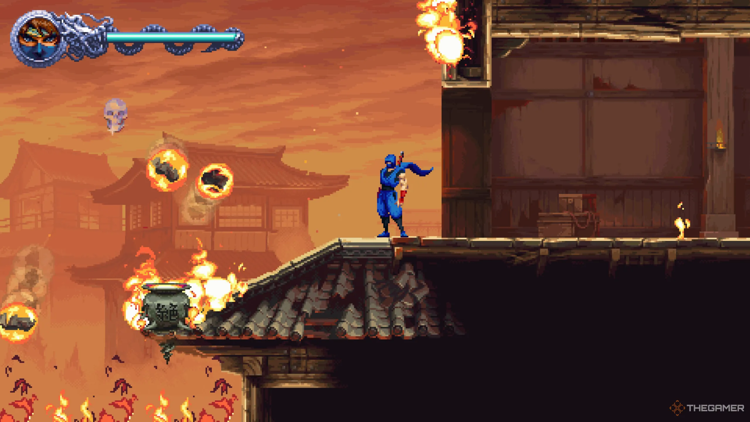 Vị trí Crystal Skull thứ hai ẩn mình trên nóc bình lửa trong căn nhà cháy thứ hai ở Ninja Gaiden: Ragebound