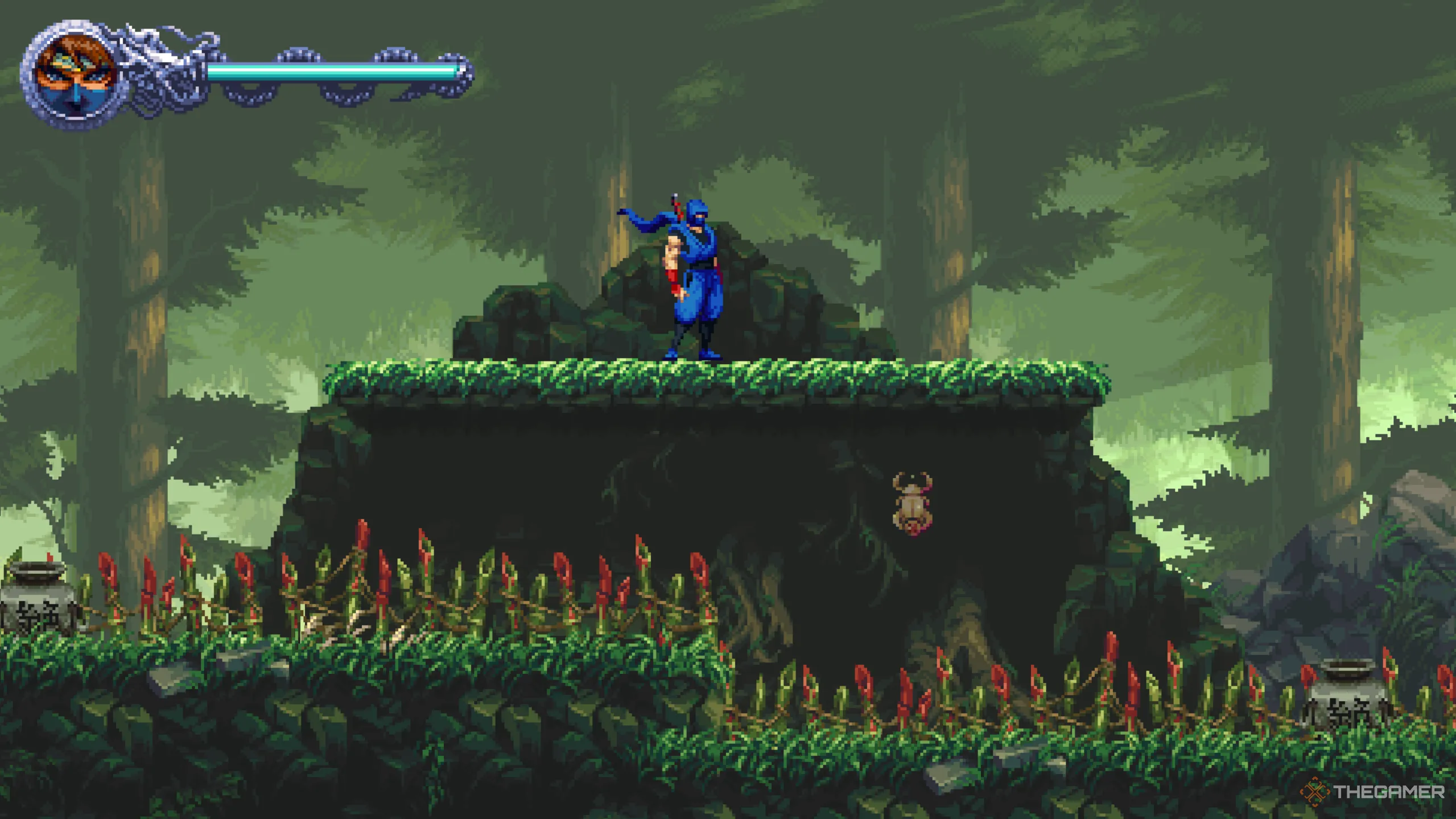 Vị trí Golden Scarab đầu tiên trong khu rừng sau khi leo cây ở màn 1-3 của Ninja Gaiden: Ragebound