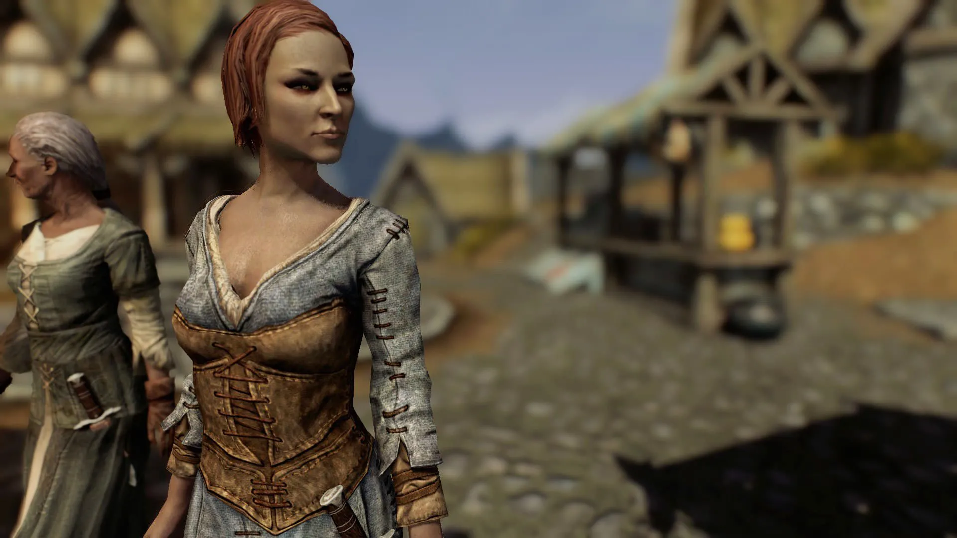 Ysolda đang khám phá gian hàng tại khu chợ Whiterun trong nhiệm vụ A Night To Remember