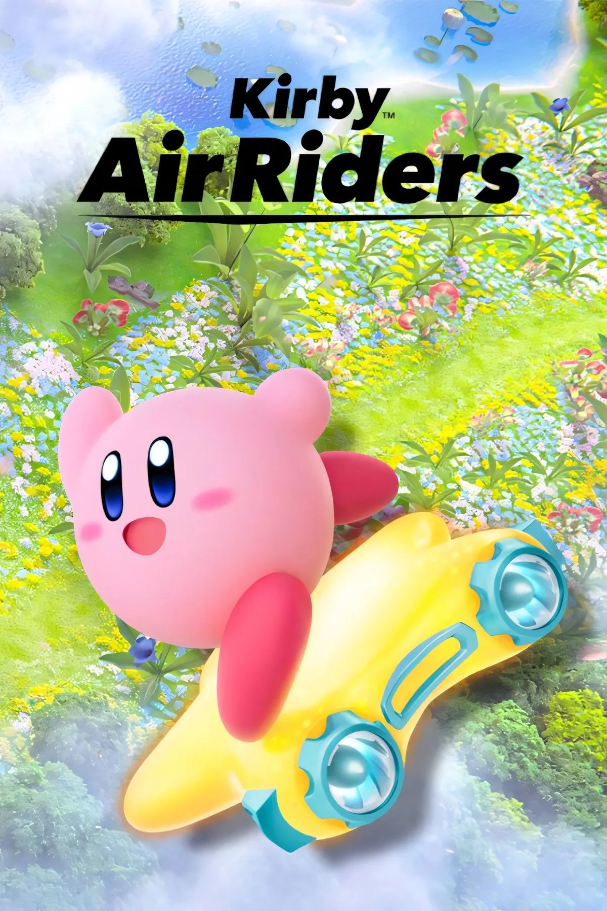 Ảnh bìa Kirby Air Riders với Kirby cưỡi máy bay khí động trong phong cảnh Floria Fields