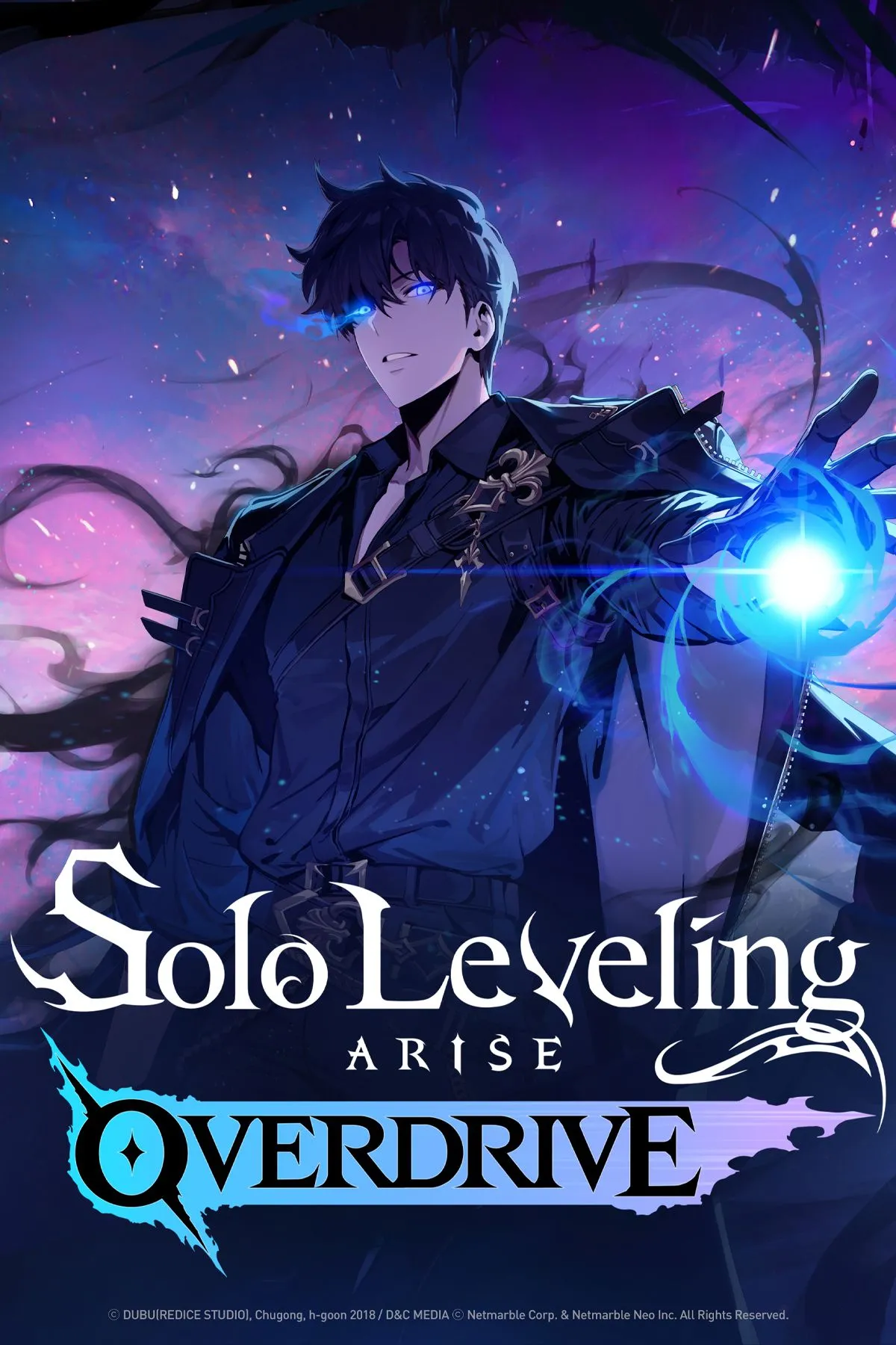 Ảnh cover Solo Leveling ARISE OVERDRIVE thể hiện Sung Jinwoo trong tư thế Monarch, đồ họa game chuẩn webtoon