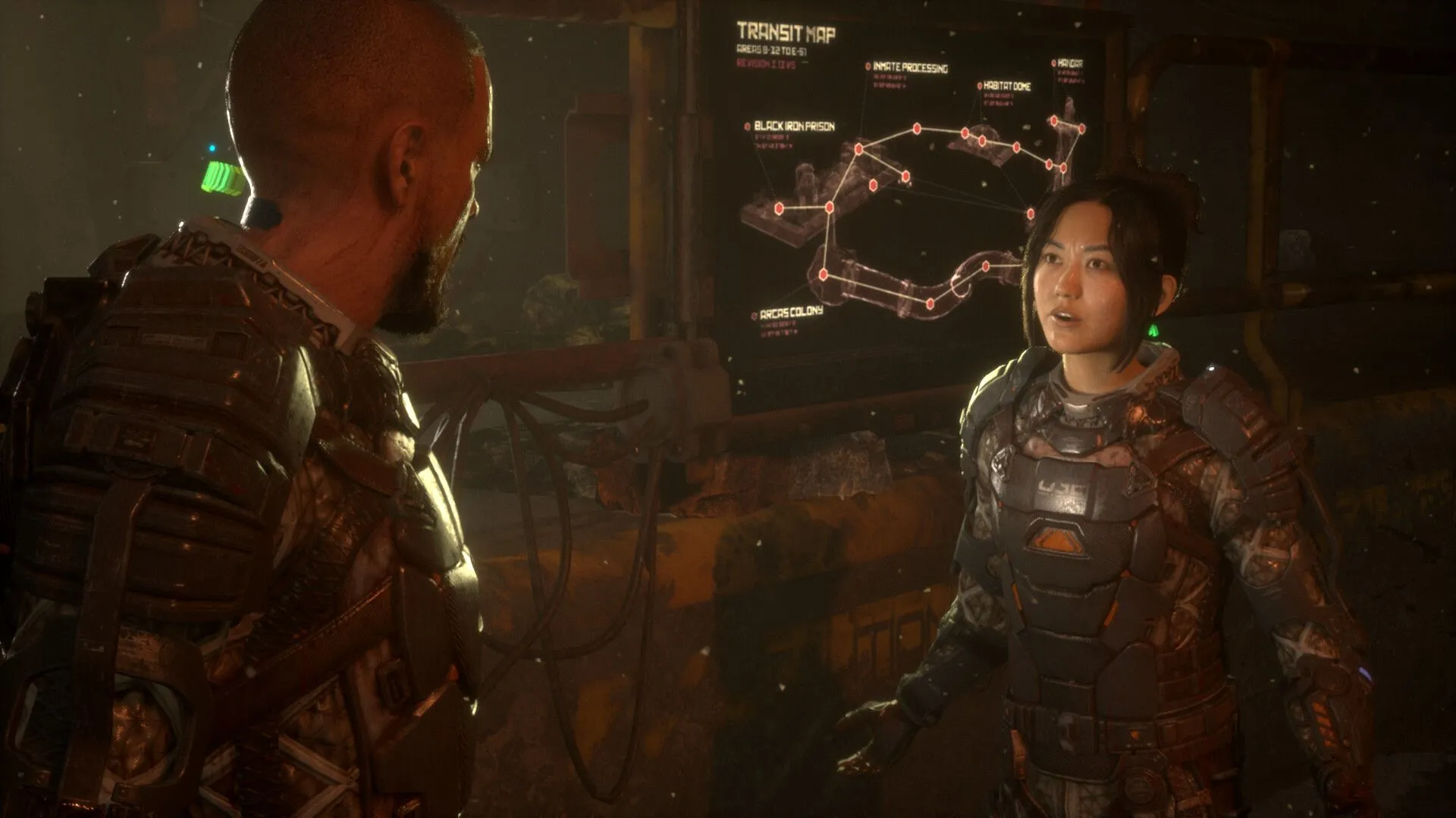 Ảnh gameplay The Callisto Protocol trên nền bài viết về chiến lược AI của Krafton