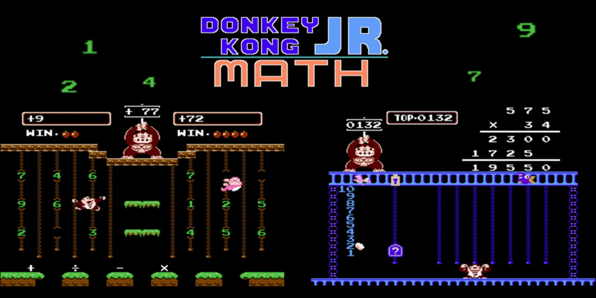 Ảnh quảng bá Donkey Kong Jr. Math trên NES, minh họa nhân vật thu thập số và cơ chế edu-game