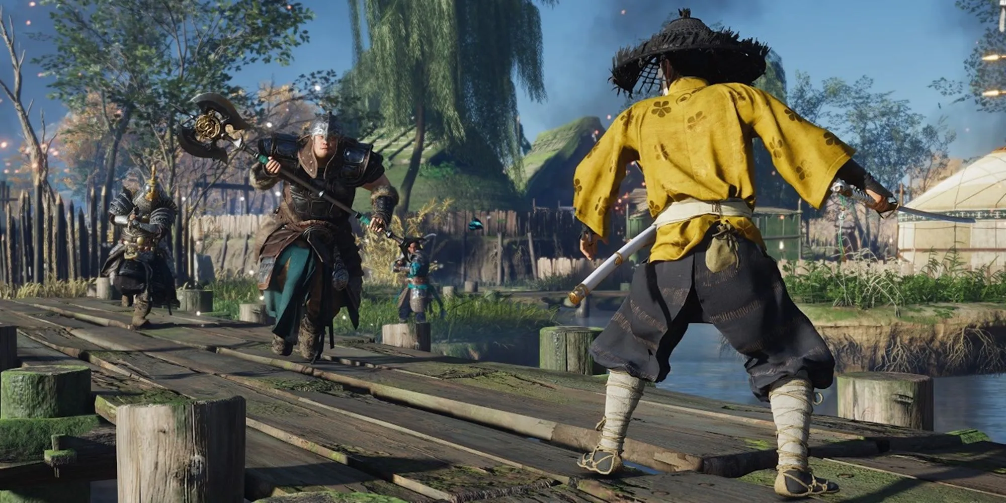 Atsu xuyên qua cảnh tuyết với hiệu ứng bắn bẩn và tia sáng trời trong Ghost of Yotei trên PS5