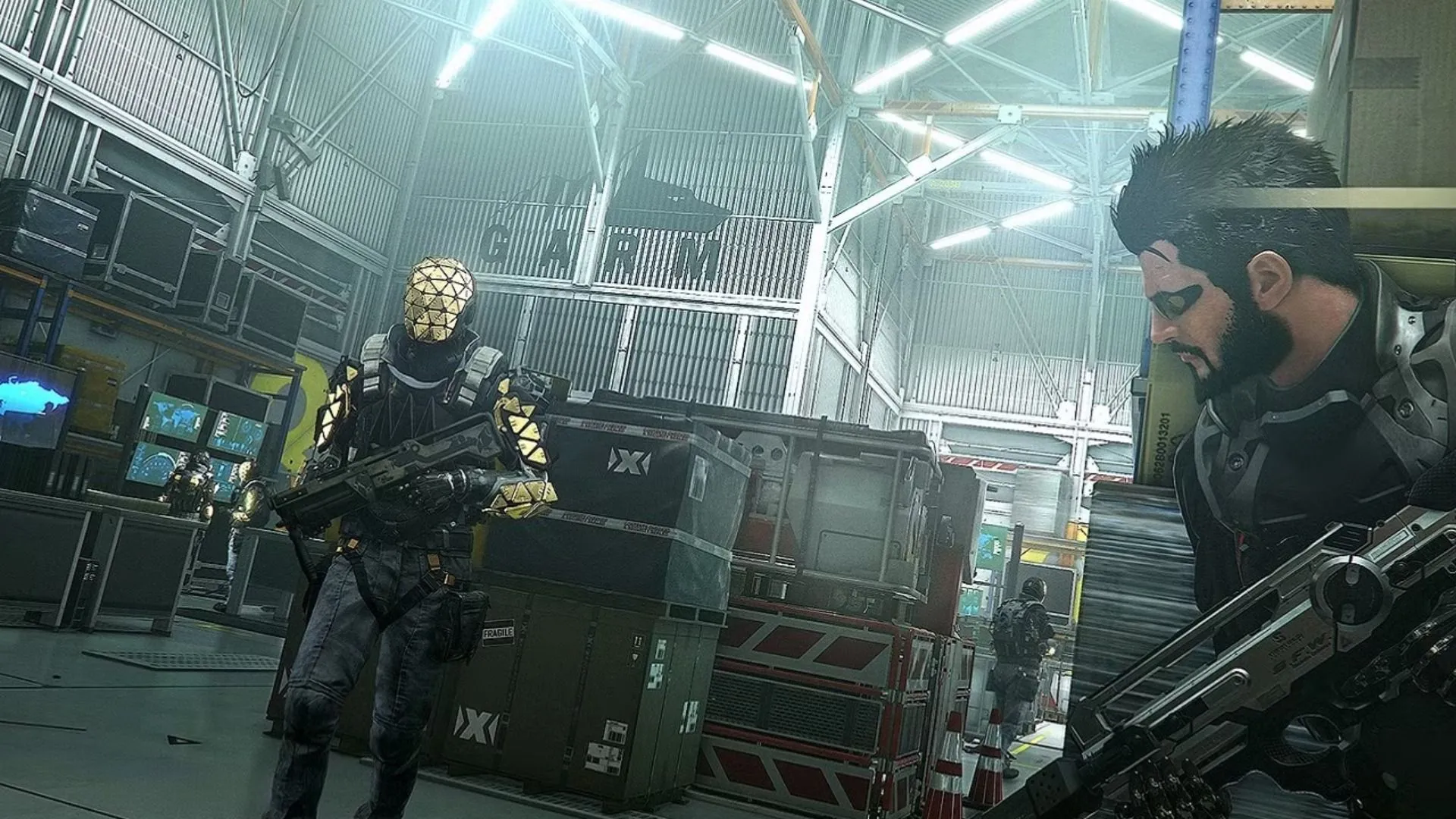 Cảnh chiến đấu đậm chất cyberpunk trong Deus Ex: Mankind Divided, bối cảnh đô thị tối tăm