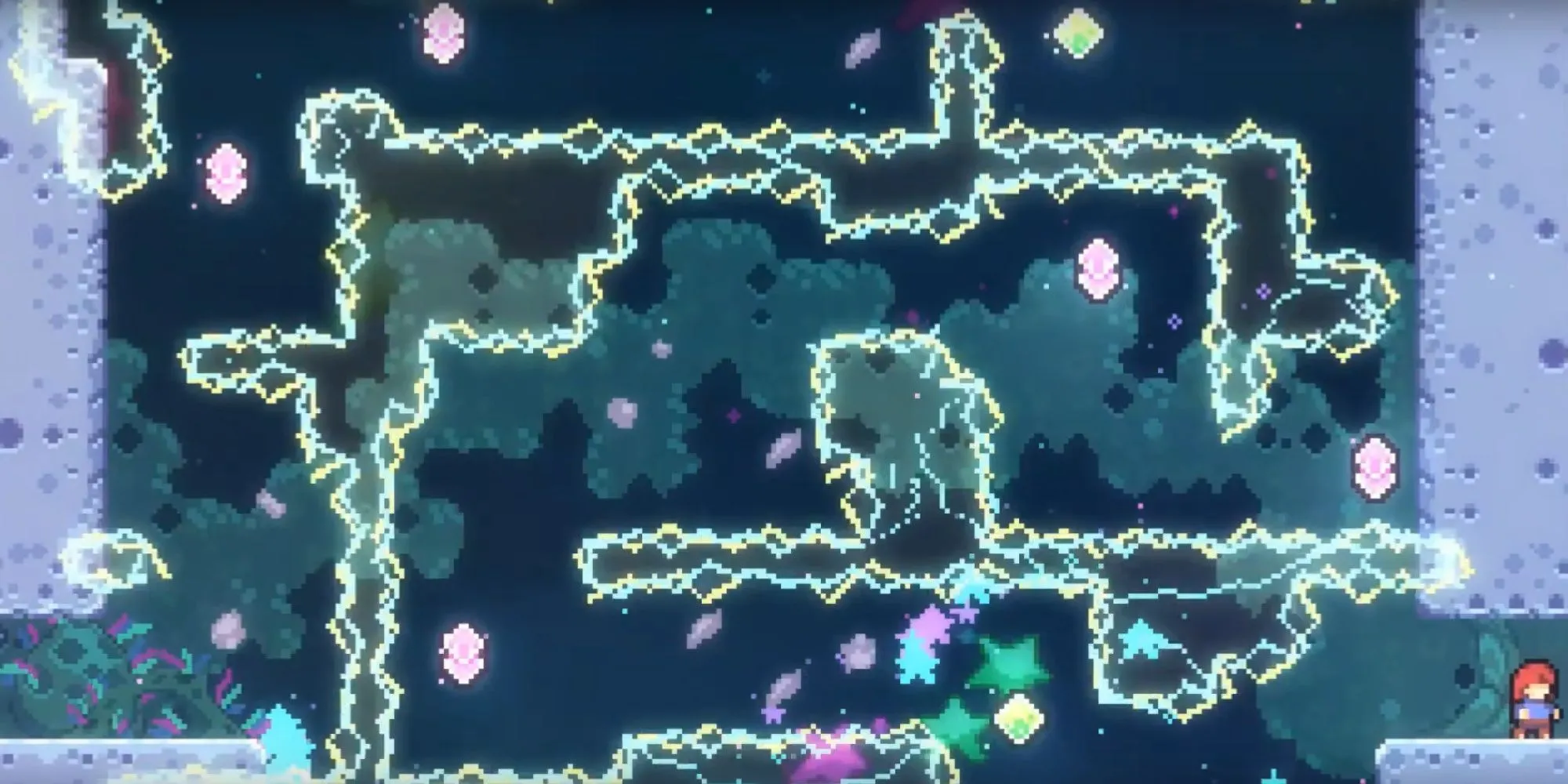 Celeste Farewell, màn cuối với chuỗi dash và wall-grab liên tục, yêu cầu kỹ năng điều khiển hoàn hảo