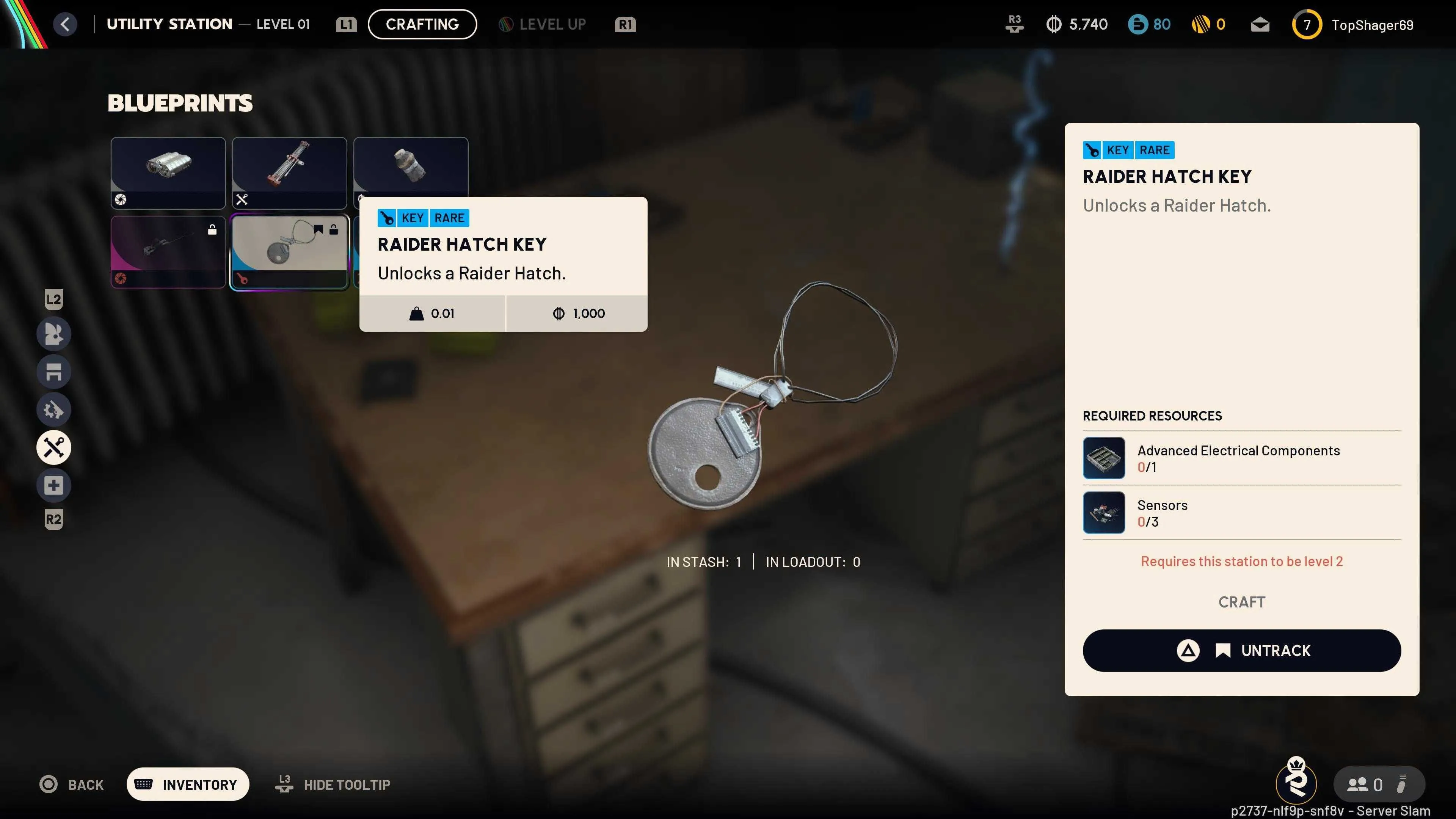 Chìa khóa Raider Hatch màu kim loại và biểu tượng trong Arc Raiders, minh họa vị trí sử dụng khóa trên bản đồ