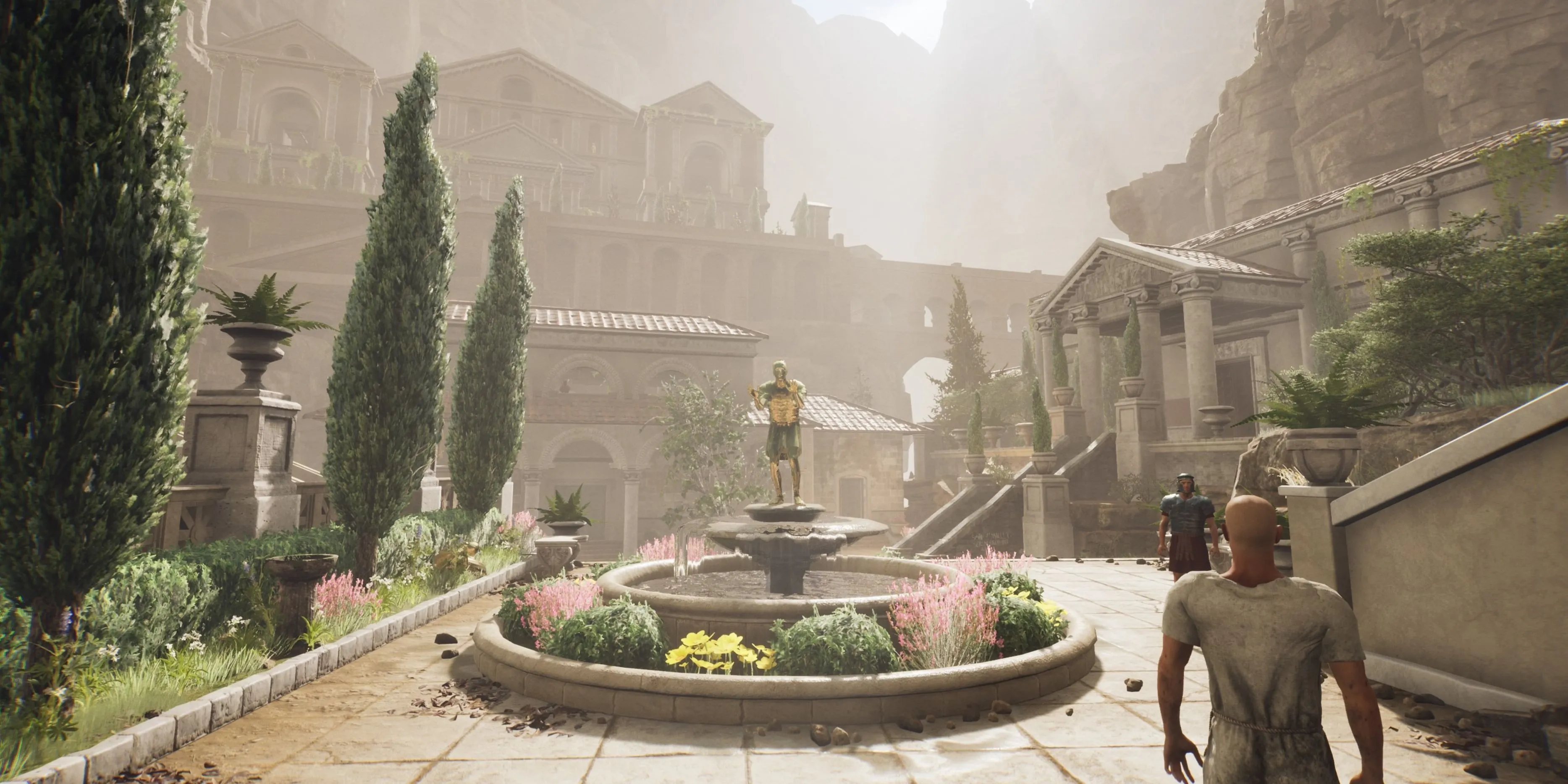 Đài phun nước với tượng vàng trong The Forgotten City, không gian bí ẩn và nghệ thuật