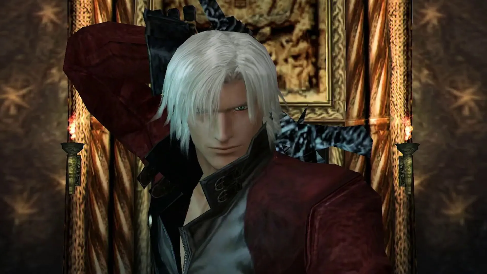 Dante trong Devil May Cry 2 trên nền môi trường đô thị tẻ nhạt, khác biệt với kiến trúc gothic của phần đầu