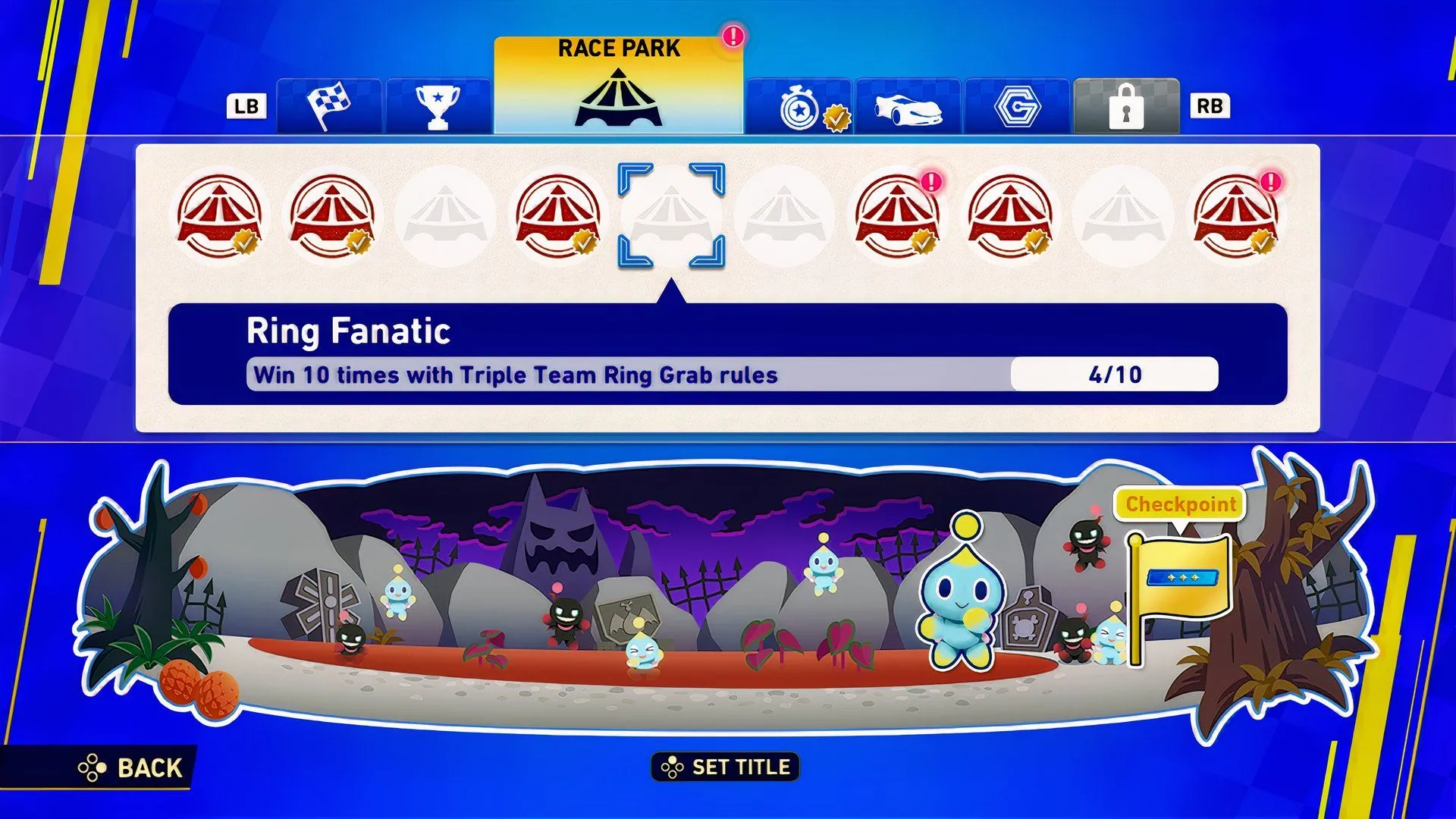 Giao diện mục Thách thức Race Park trong Sonic Racing: CrossWorlds