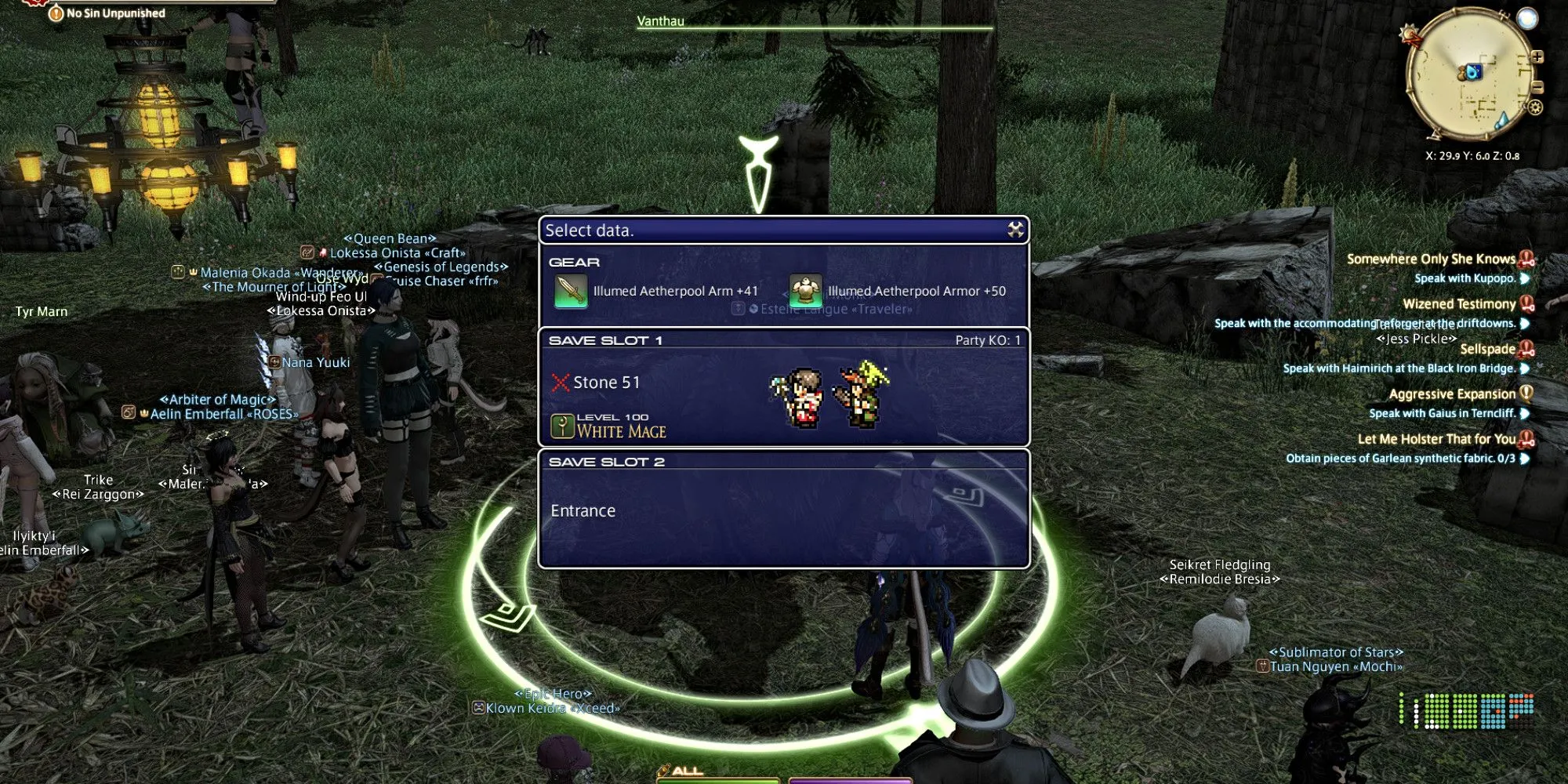 Giao diện save slots và reset progress trong Pilgrim's Traverse FFXIV