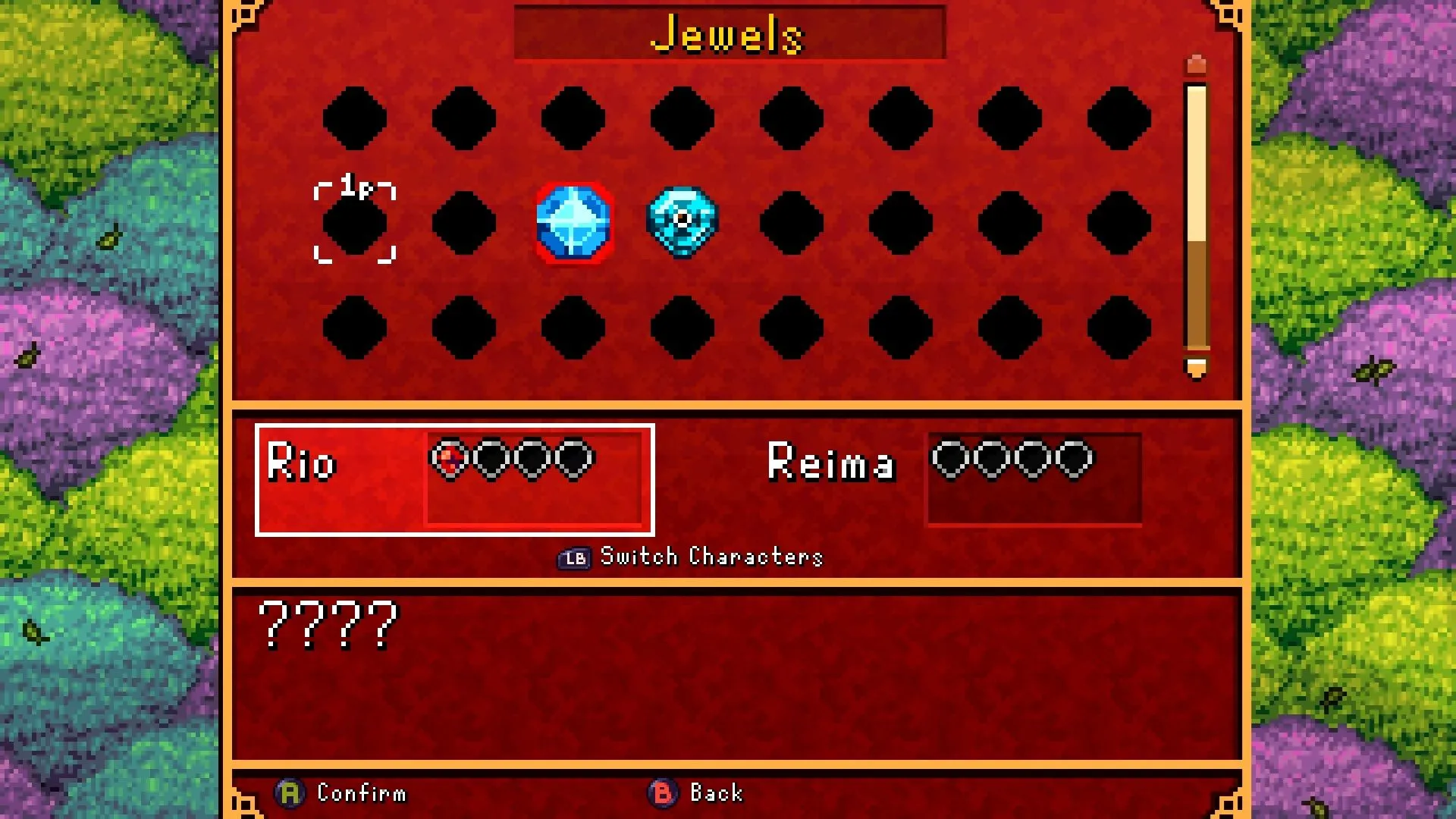 Giao diện trang bị đá quý (jewel) trong Shrine's Legacy, thao tác tại điểm lưu