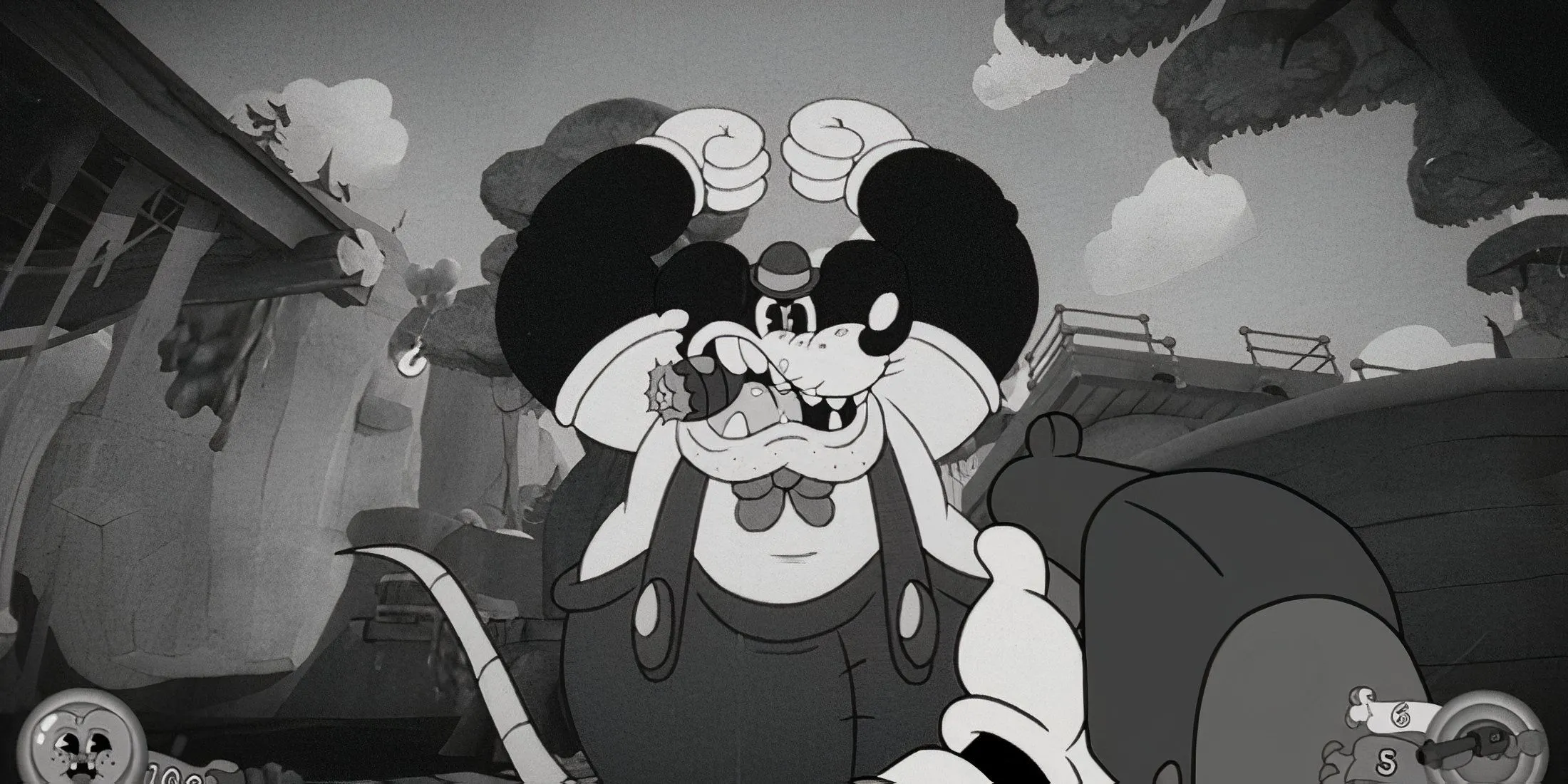 Hình ảnh gameplay collage của Mouse: P.I. For Hire thể hiện phong cách hoạt họa và hành động FPS