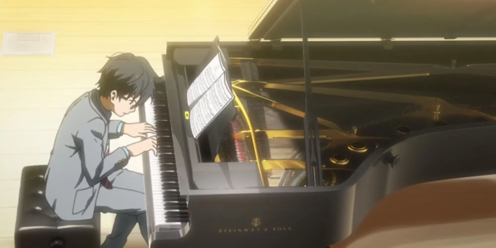 Kōsei đánh piano với cảm xúc lẫn lộn, biểu hiện của anime cảm động về mất mát và nghệ thuật