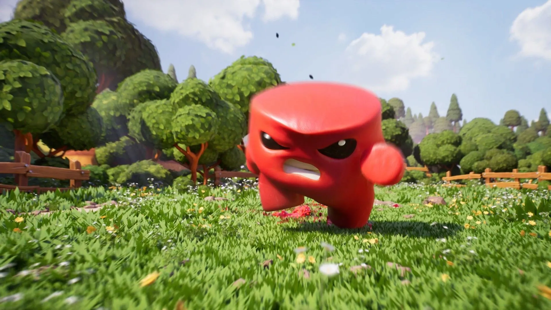 Meat Boy nhảy trong môi trường 3D nhiều màu sắc, nhiều bẫy cưa và đồ họa hoạt hình