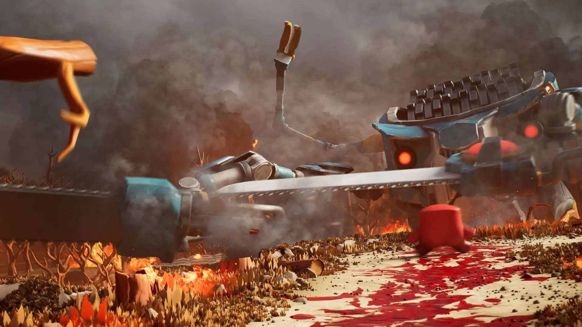 Meat Boy trong nền có robo-lumberjacks và cảnh quan sống động, âm nhạc metal+ synth tạo không khí quyết liệt