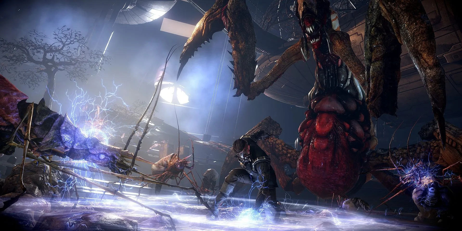 Nhân vật sử dụng kỹ năng điện trong The Technomancer, đấu với quái vật trong môi trường sci‑fi