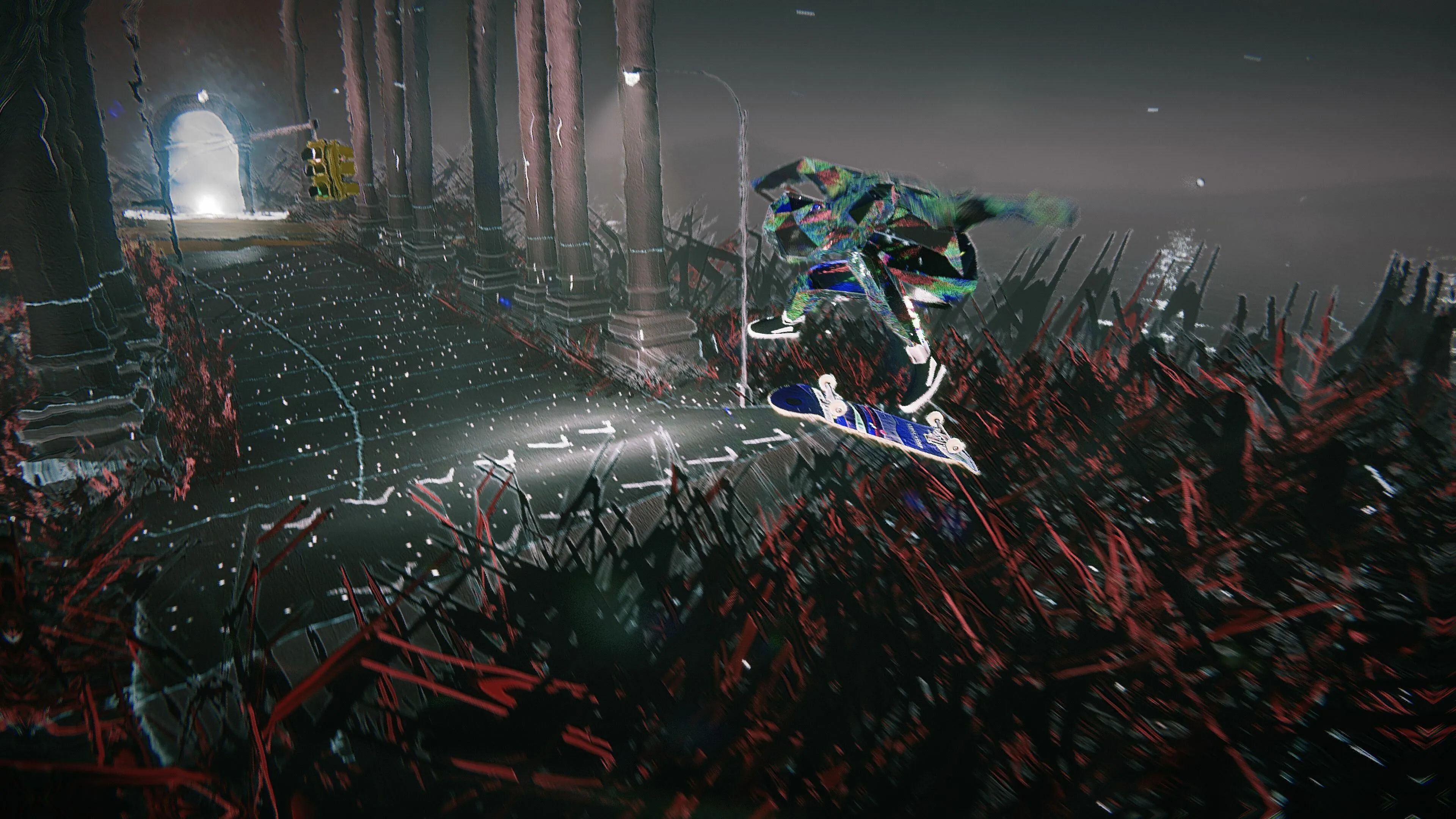 Nhân vật trượt ván qua cảnh quan trừu tượng trong Skate Story, pha trick và khám phá NPC