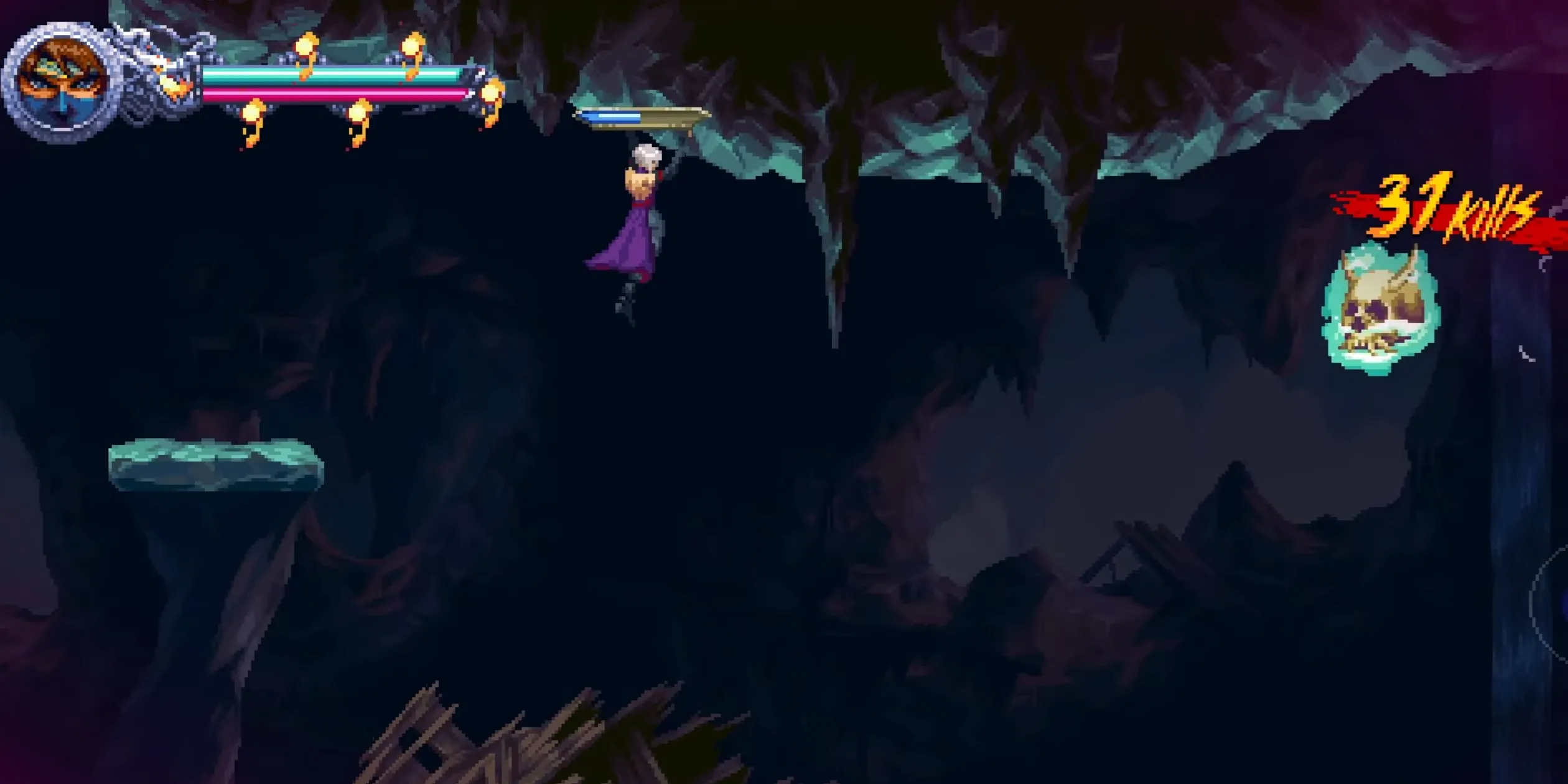 Ninja Gaiden Ragebound Back in the Caves S-4, cảnh nền hang động với timer áp lực và kẻ thù lao vào