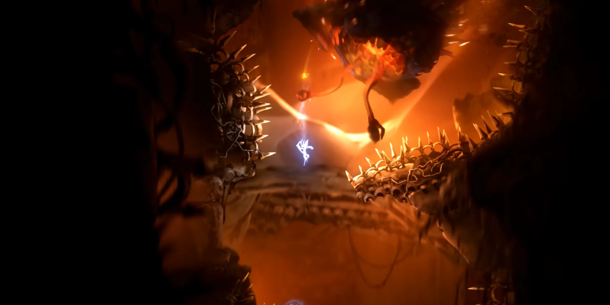 Ori and the Will of the Wisps Sandworm Escape, cảnh Ori chui dưới đất rồi nhảy né cát và chướng ngại