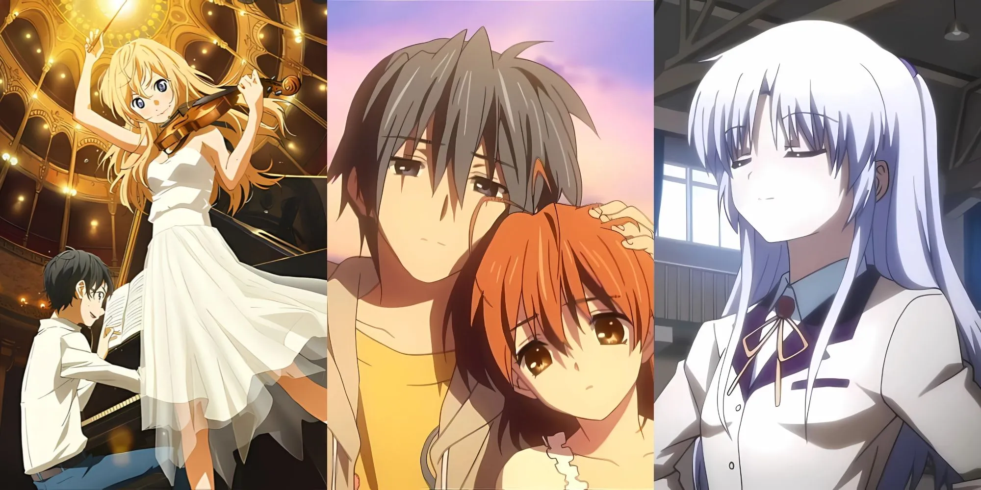 Poster các anime tình cảm lặng lẽ: Your Lie in April, Clannad: After Story, Angel Beats