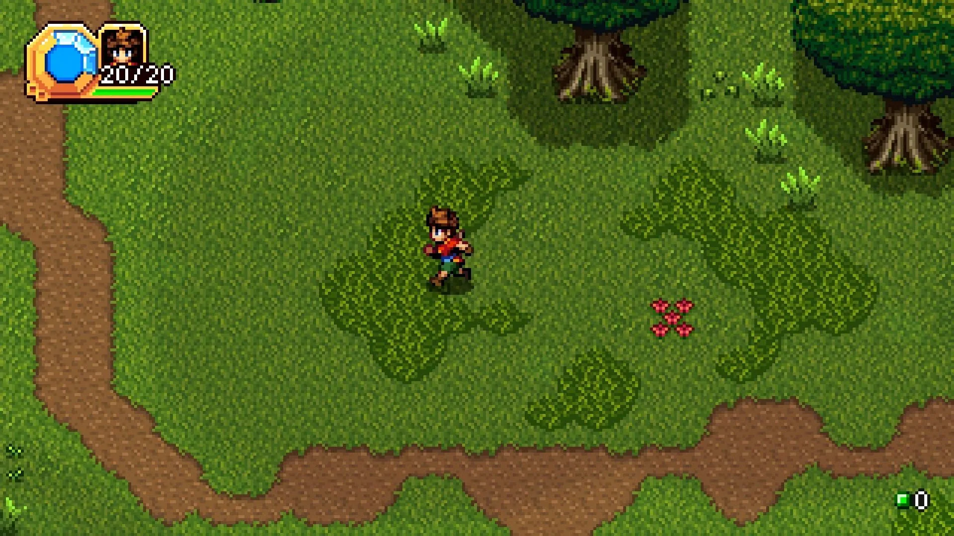 Rio chạy qua làng Yurill trong Shrine's Legacy, phong cách 16-bit