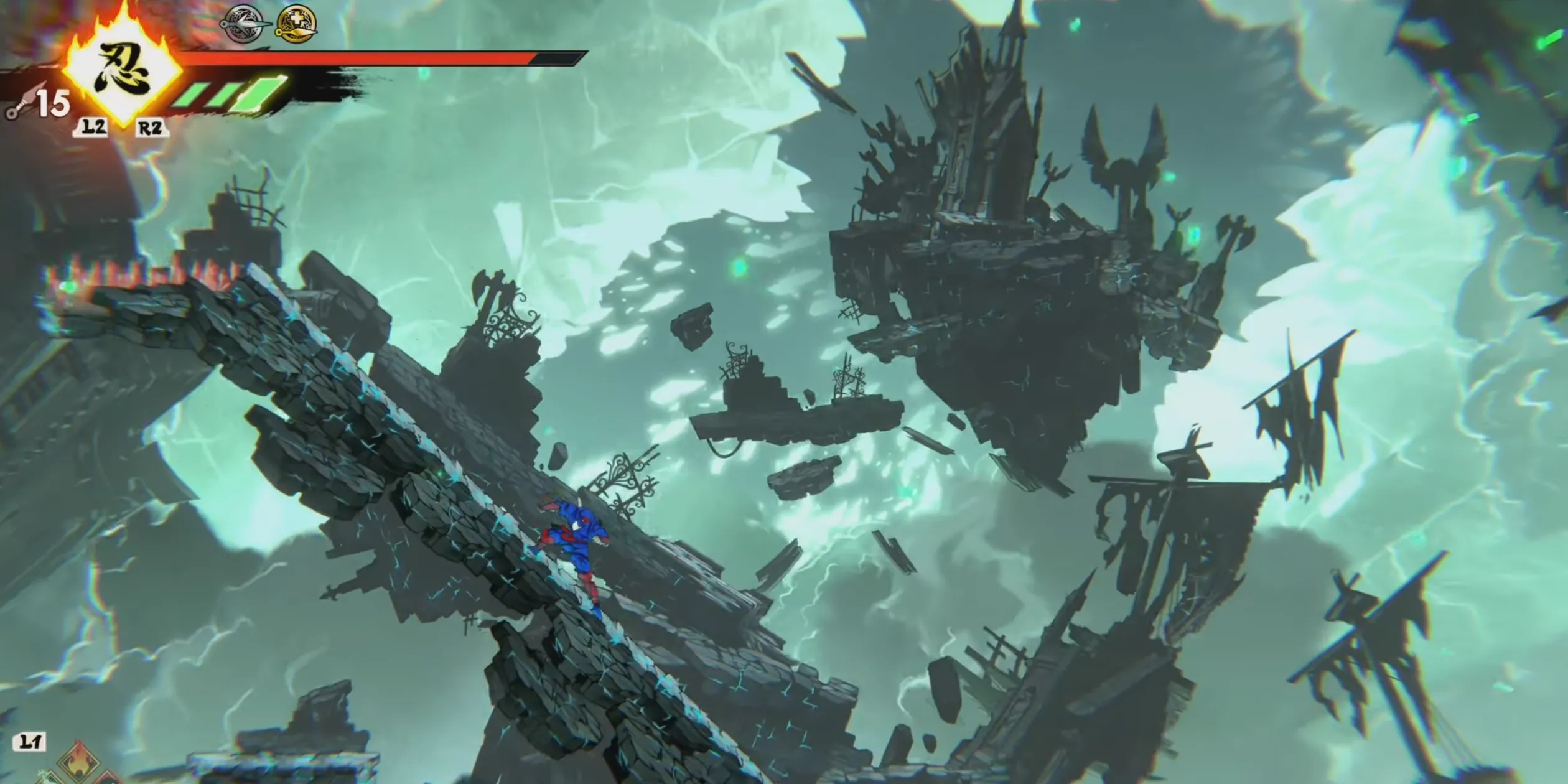 Shinobi Art of Vengeance, cảnh Oboro Village với nền tảng hẹp, yêu cầu nhảy chính xác và né gai