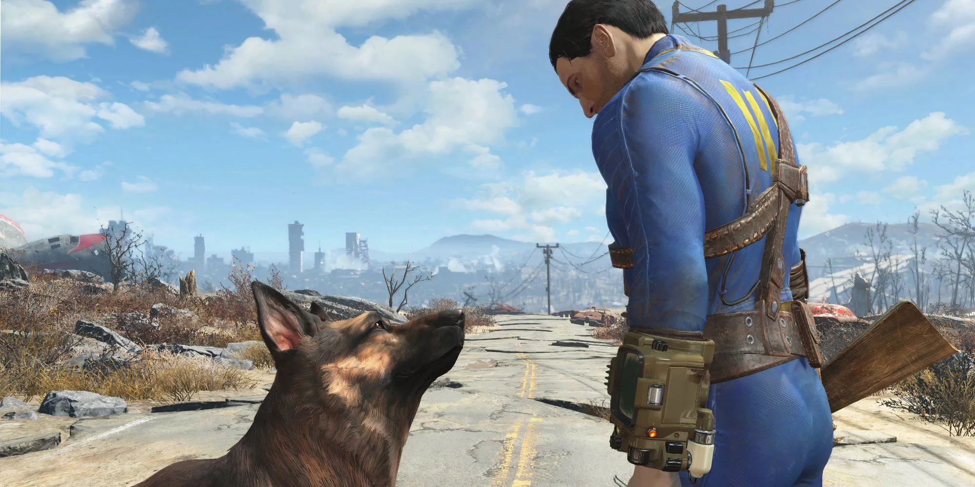 Sole Survivor tương tác với chú chó Dogmeat ngoài hoang mạc trong Fallout 4