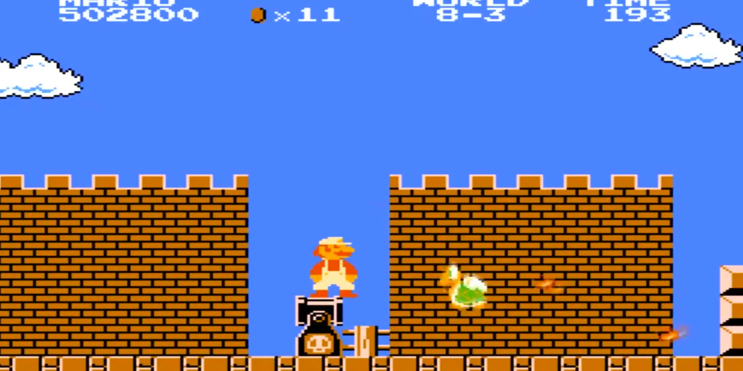 Super Mario Bros World 8-3, khung cảnh block bay trên nền, Hammer Bros ném búa làm gián đoạn nhịp nhảy
