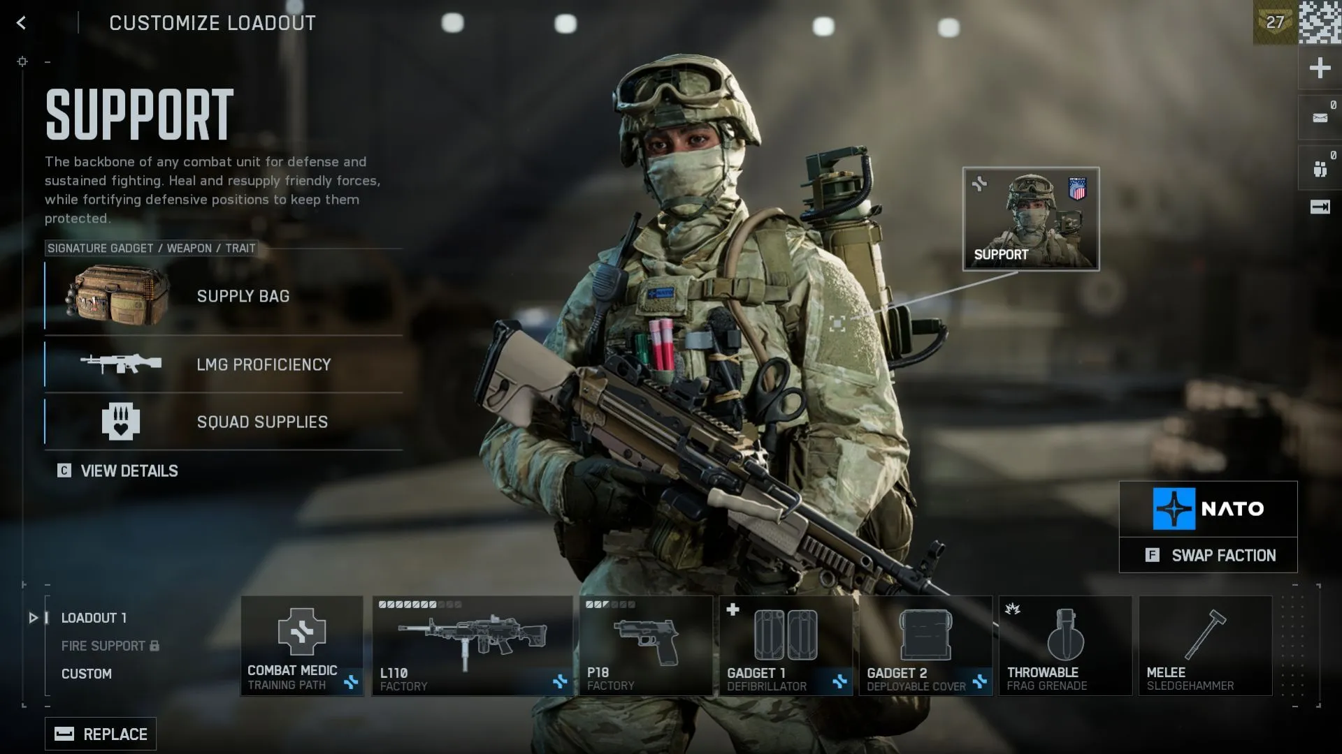 Support Battlefield 6: hình ảnh class hỗ trợ với defib và supply bag, thích hợp cho vai trò hồi phục và tiếp tế