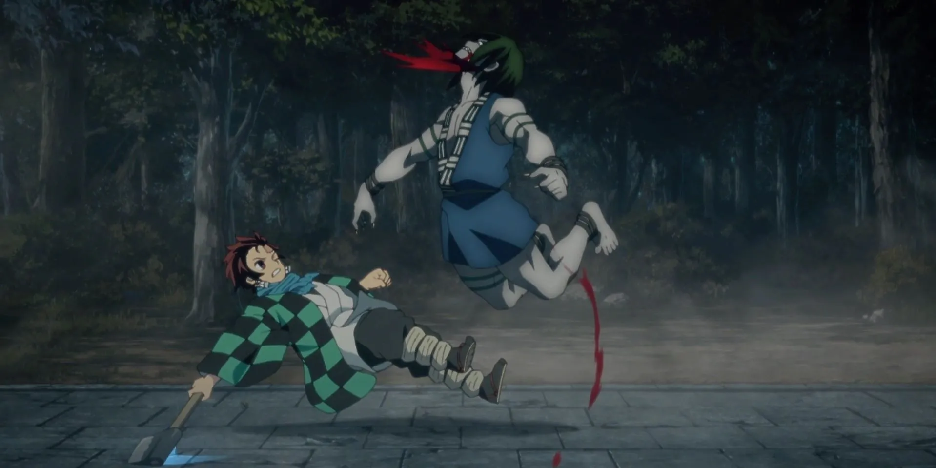 Tanjiro chần chừ trước con quỷ trong ngôi đền, thể hiện sự đồng cảm nhưng gây trì hoãn