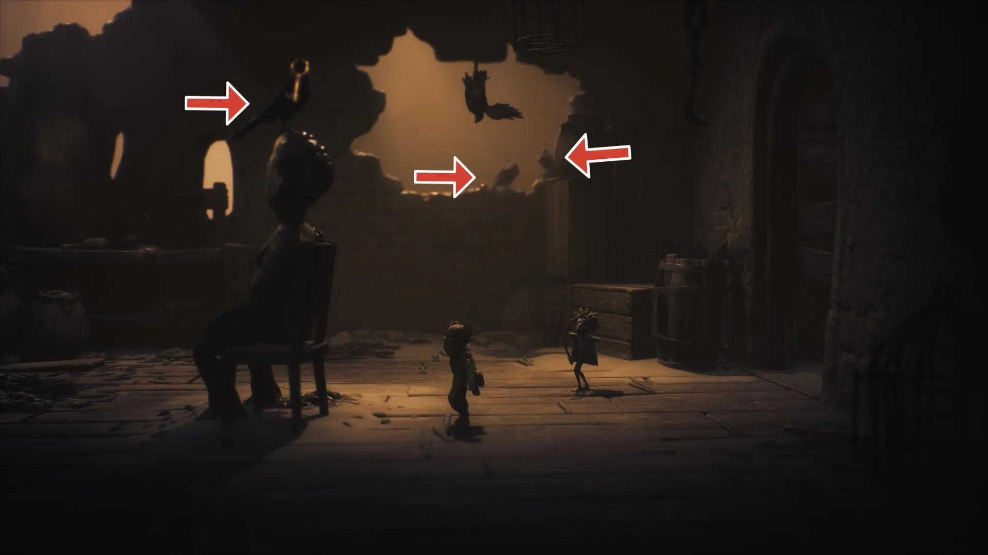 Vị trí quạ 3, 4, 5 tập trung trong phòng có chiếc ghế lớn và tượng - Little Nightmares 3